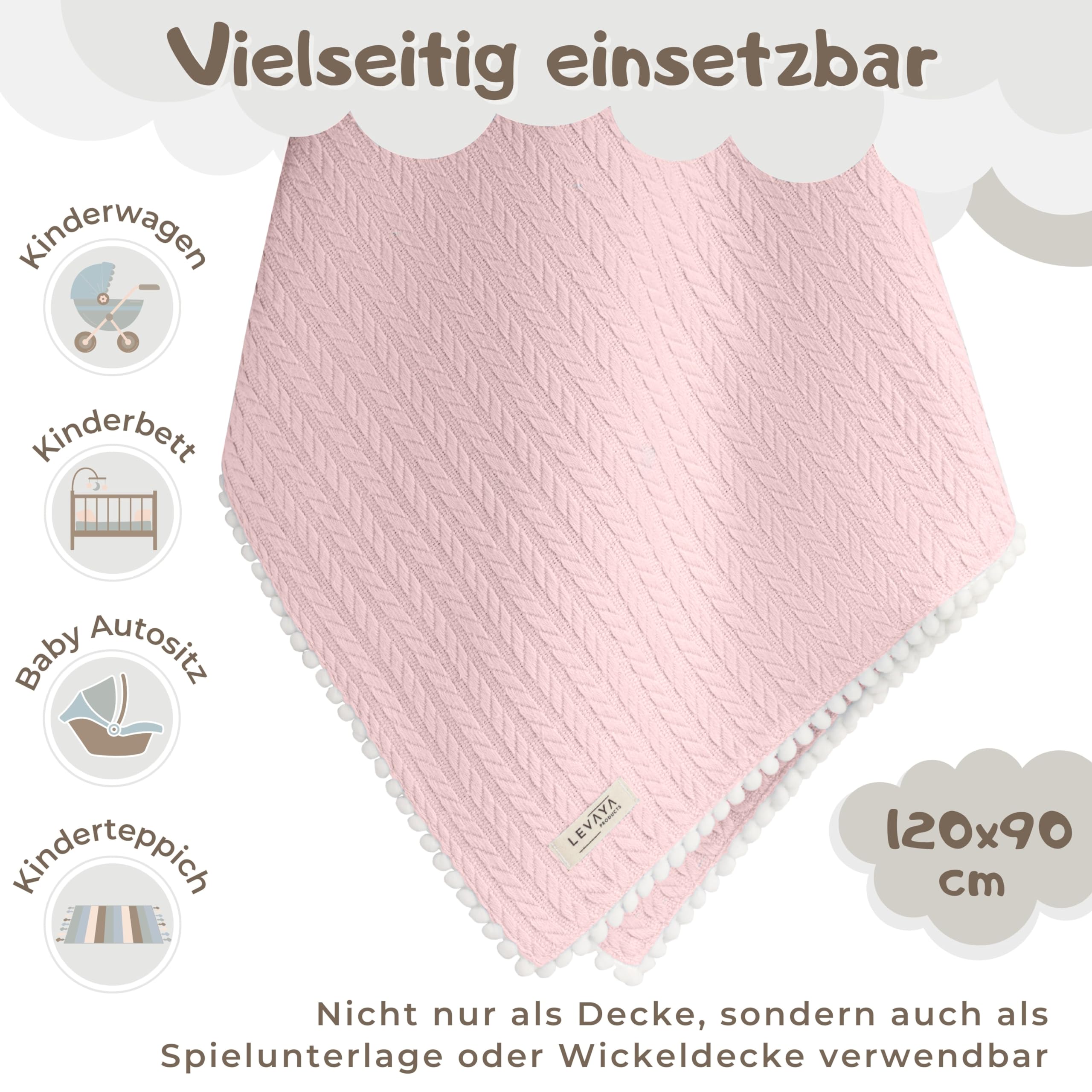 Babydecke 120x90 cm Bio-Baumwolle | Kuscheldecke für Neugeborene & Kinder | Strickdecke atmungsaktiv & weich | Geschenk zur Geburt & Taufe | Oeko-Tex Zertifiziert Rosa