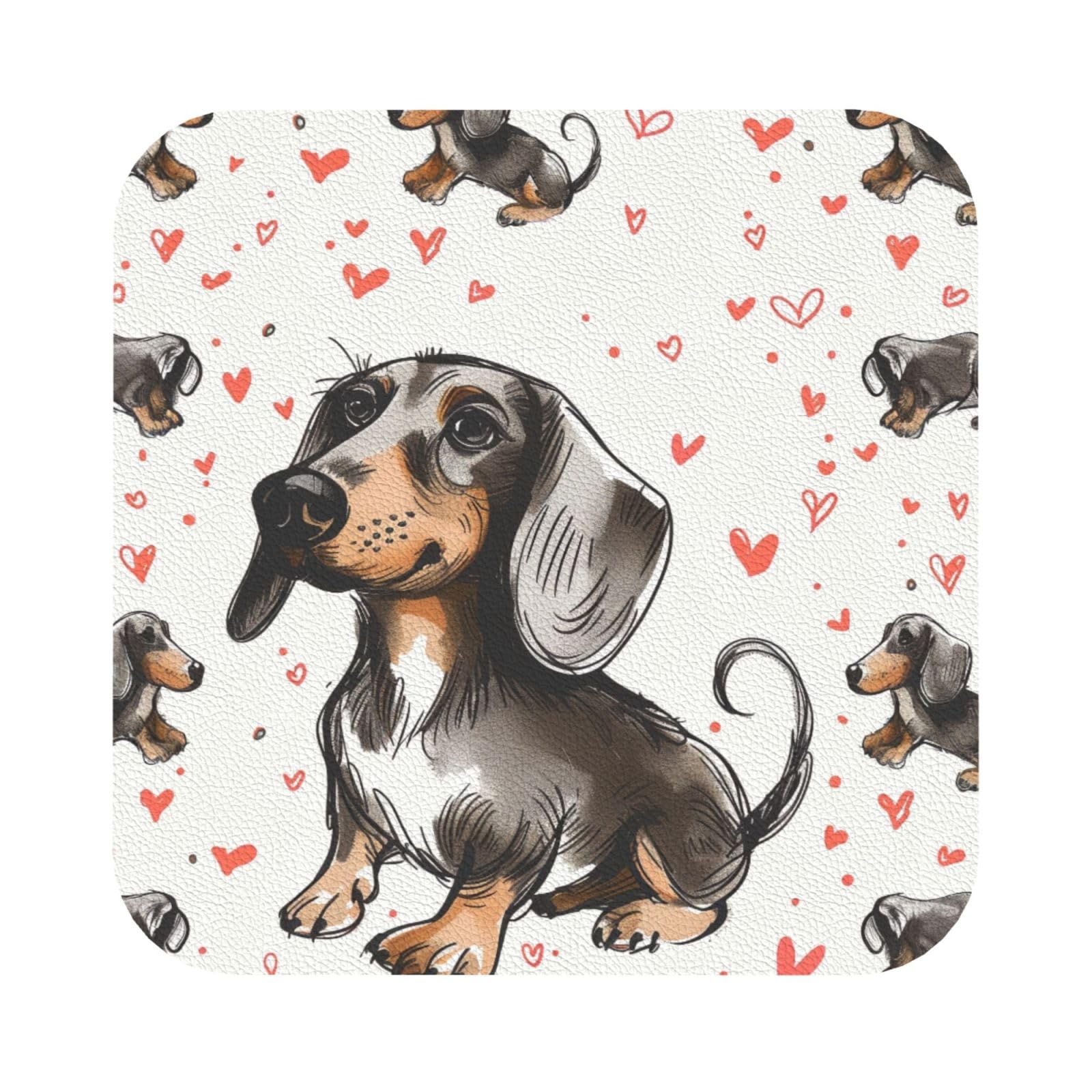 I Love My Dog Dachshunds Print Leather Coaster Set of 6, Square Coasters Table Decorative Coffee Cup Beverage Coasters Wine Beer Bar Coasters for Hot Drinks Table Protection