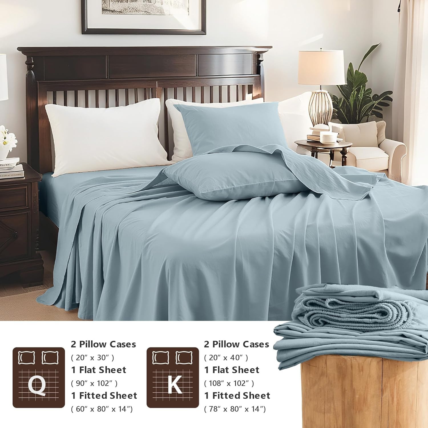 Flax Linen Cotton Sheet Set Queen Size, 4PCS Natural Linen Blend Bed Sheet with 1 Flat Sheet, 1 Fitted Sheet & 2 Pillowcases, Soft & Breathable Farmhouse Bedding Set for Hot Sleepers, Dusty Blue - Image 7