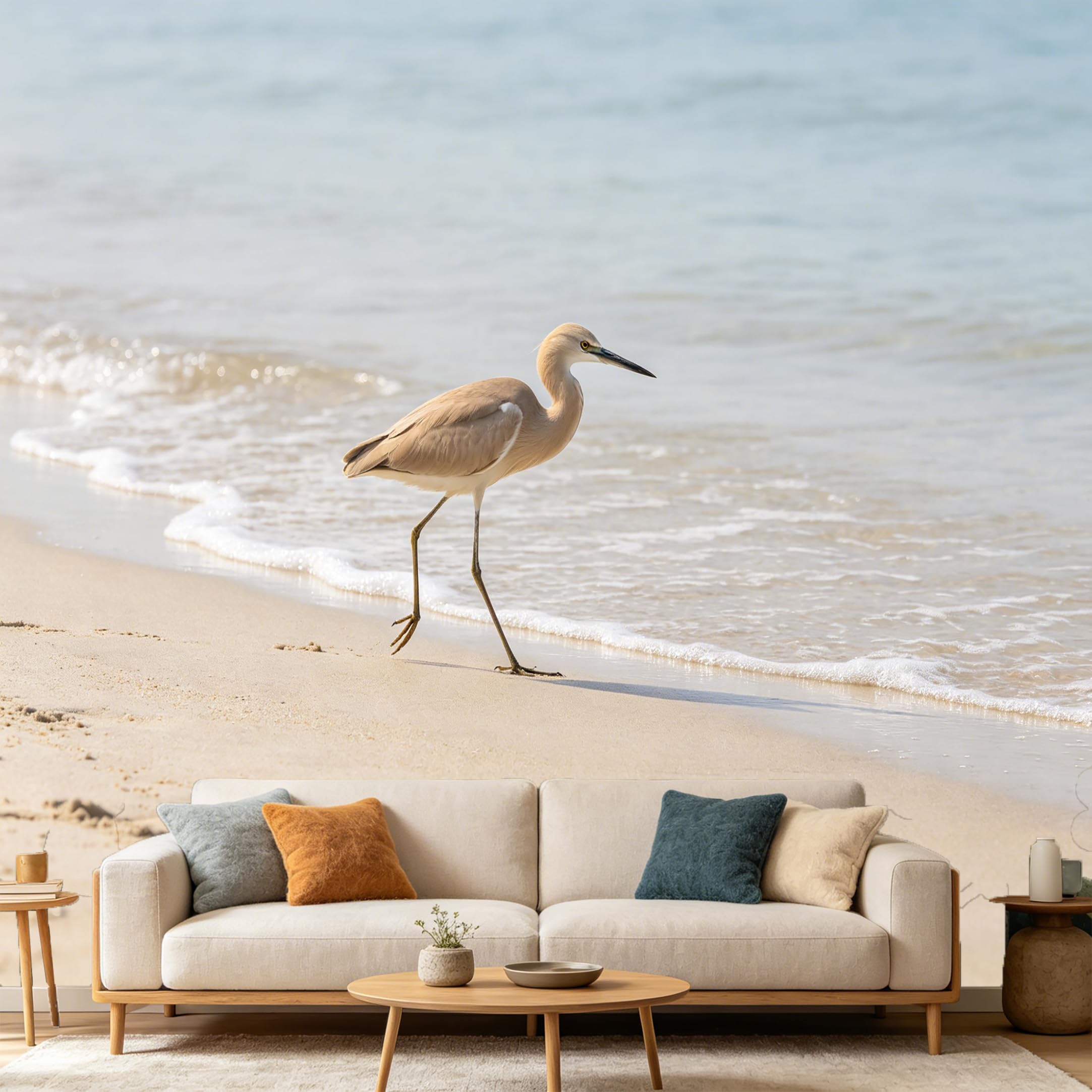 Custom Size Wall Mural Coastal Beach Heron Bird Ocean Waves Shoreline Nature Landscape SelfAdhesive Art Prints wall Fabric(No PVC) Removable Wallpaper Home Bedroom Decor