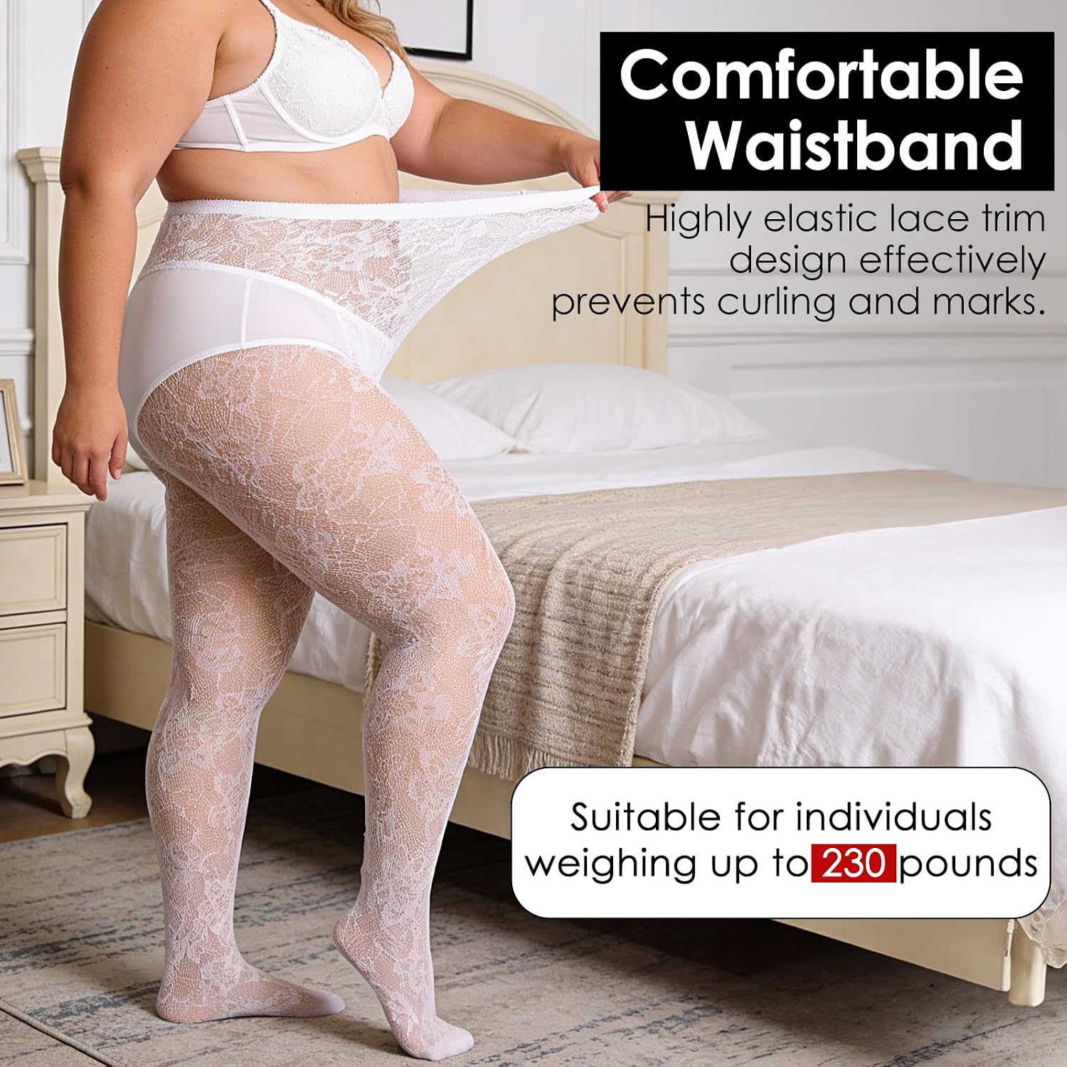 Lusofie 2pcs Plus Size Lace Tights Floral Pattern - High Waist Plus Size Stockings for Women - Comfortably Up to 230 lbs