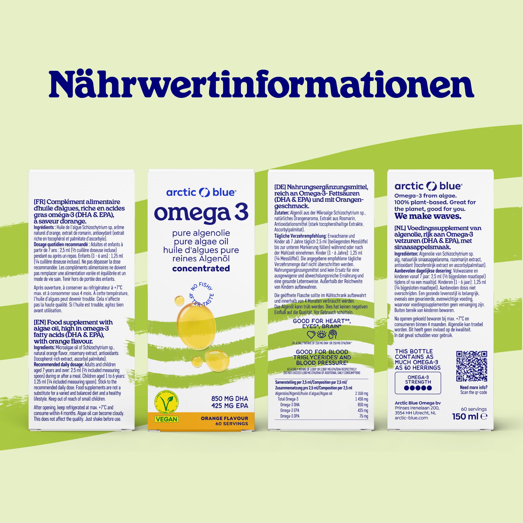 Arctic Blue Premium Omega 3 veganes Algenöl 150 ml – 850 mg DHA & 425 mg EPA pro Portion – hochdosiert, vegan & flüssig – Orangengeschmack – nachhaltig produziert