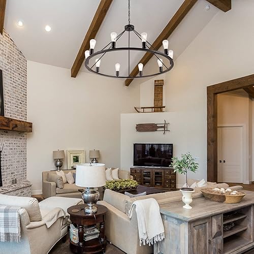 Miniatura 4 de Lámpara de techo grande para comedor, color negro, con 10 luces, para casa de campo, de 39.4 pulgadas, con rueda de carro, rústica, redonda, para