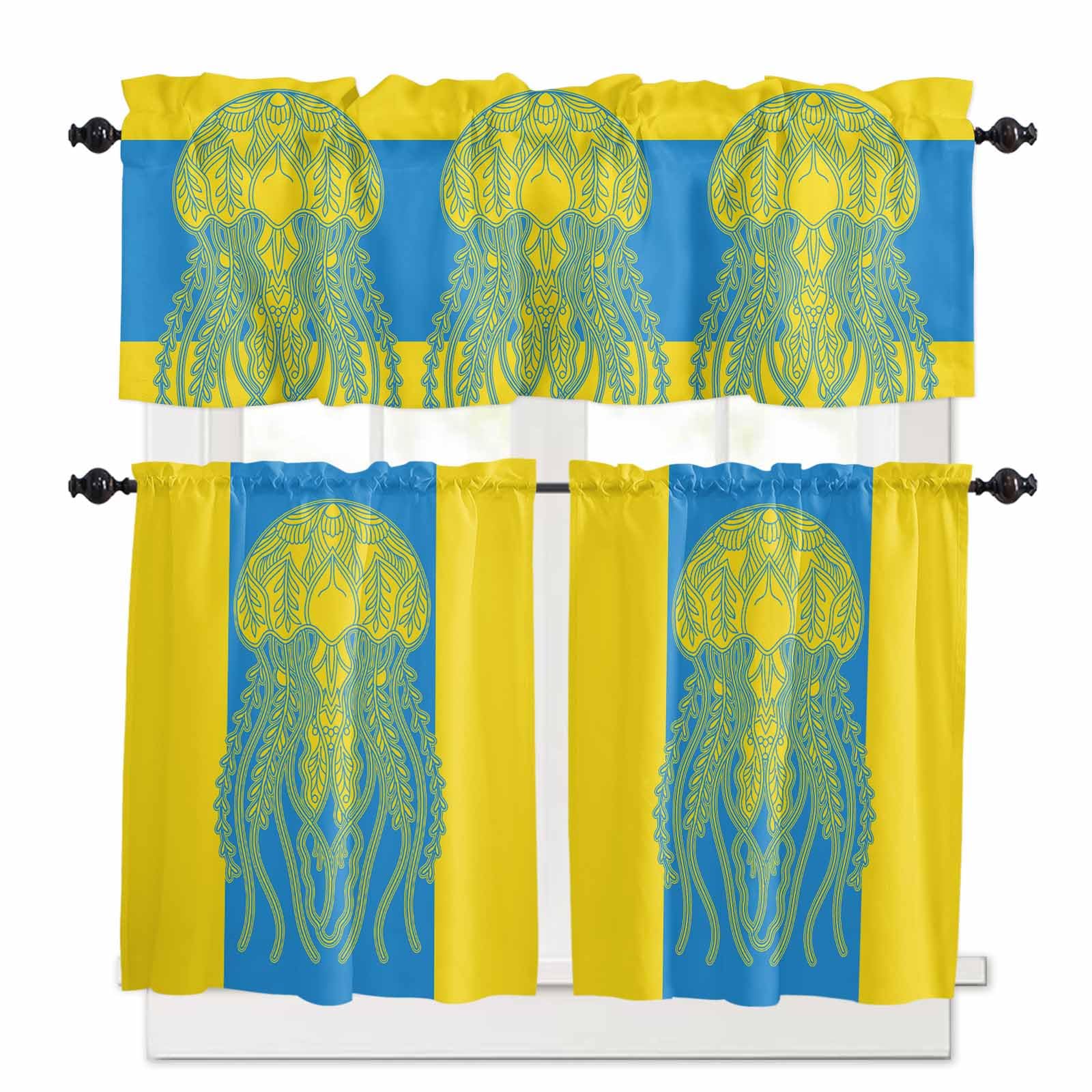 Jellyfish Blue Kitchen Curtains 36 Inch Length,3 Piece Rod Pocket Small Half Tiers and Valance Set,Boho Tropical Yellow Stripe Summer Abstract Small Large Window Treatment Decor for Bedroom/Bathroom