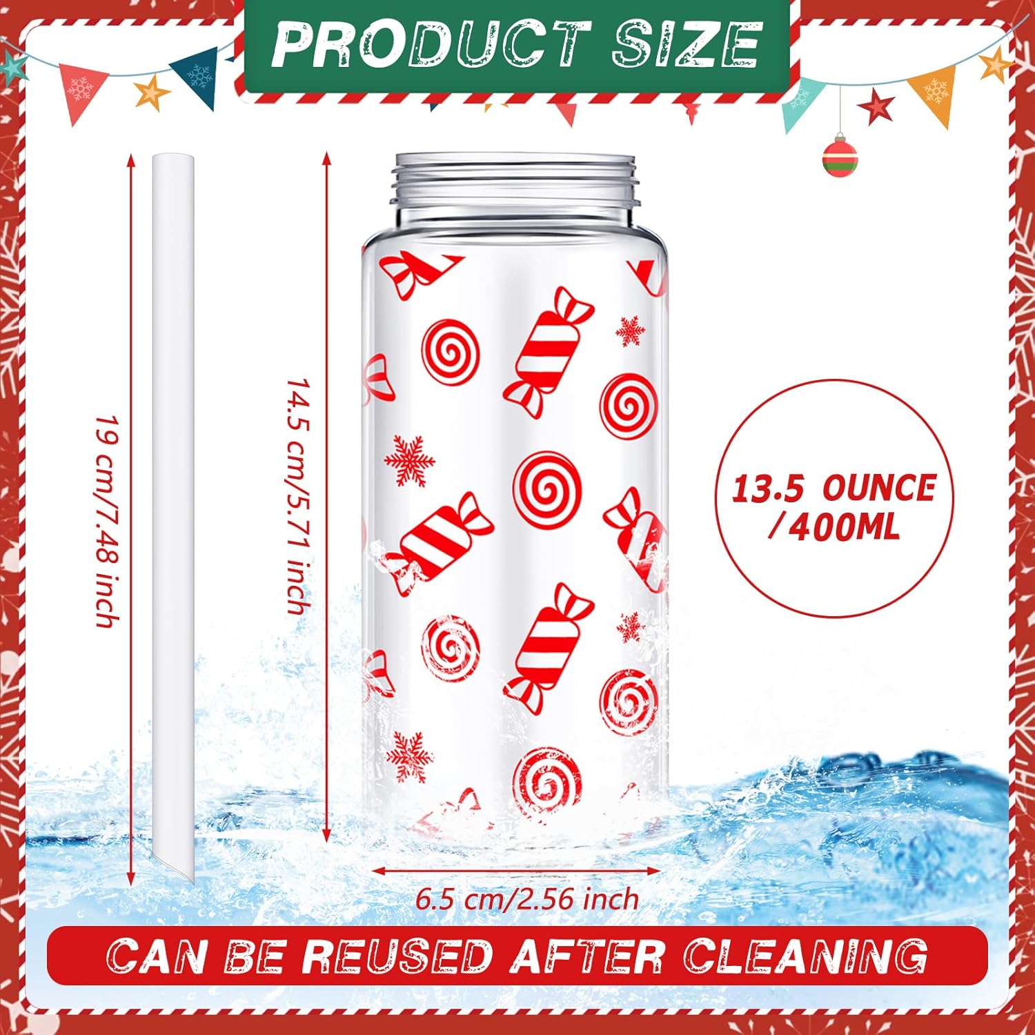 Layhit 20 Pcs Christmas Reusable Cups Bulk 13.5 oz Plastic Mason Jar Drinking Holiday Cups with Lid and Straw Coffee Tea Hot Cocoa Beverage Tumbler for Adults Xmas Party(Novel) - Image 3