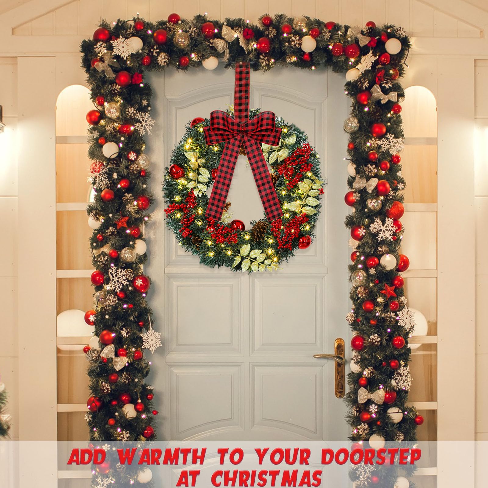 Ceenna 2 Pcs 26 Inch Large Christmas Wreaths Lighted Xmas Wreath with Red Bow Artificial Christmas Wreaths with LED Lights Pine Cones Red Balls for Front Door Holiday Window Party Decor (Fresh)