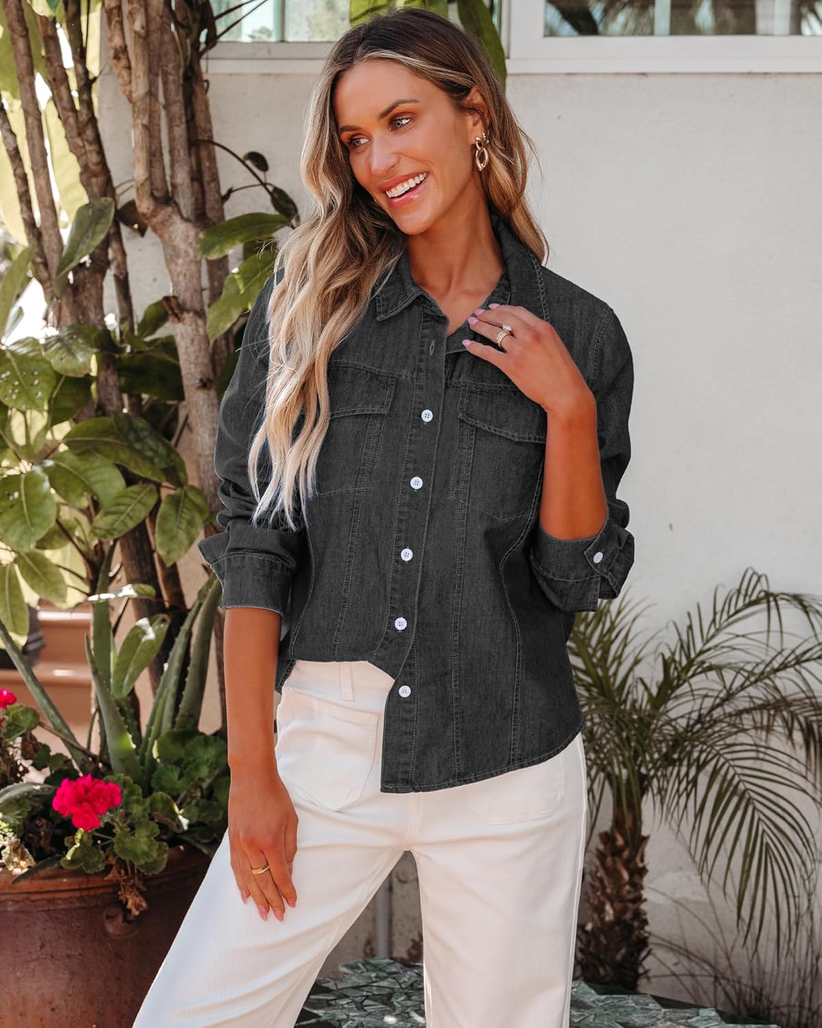 GRAPENT Denim Button Down Shirts for Women Long Sleeve Western Casual Lightweight Collared Pocket Jean Shirt Shacket Top - Image 3