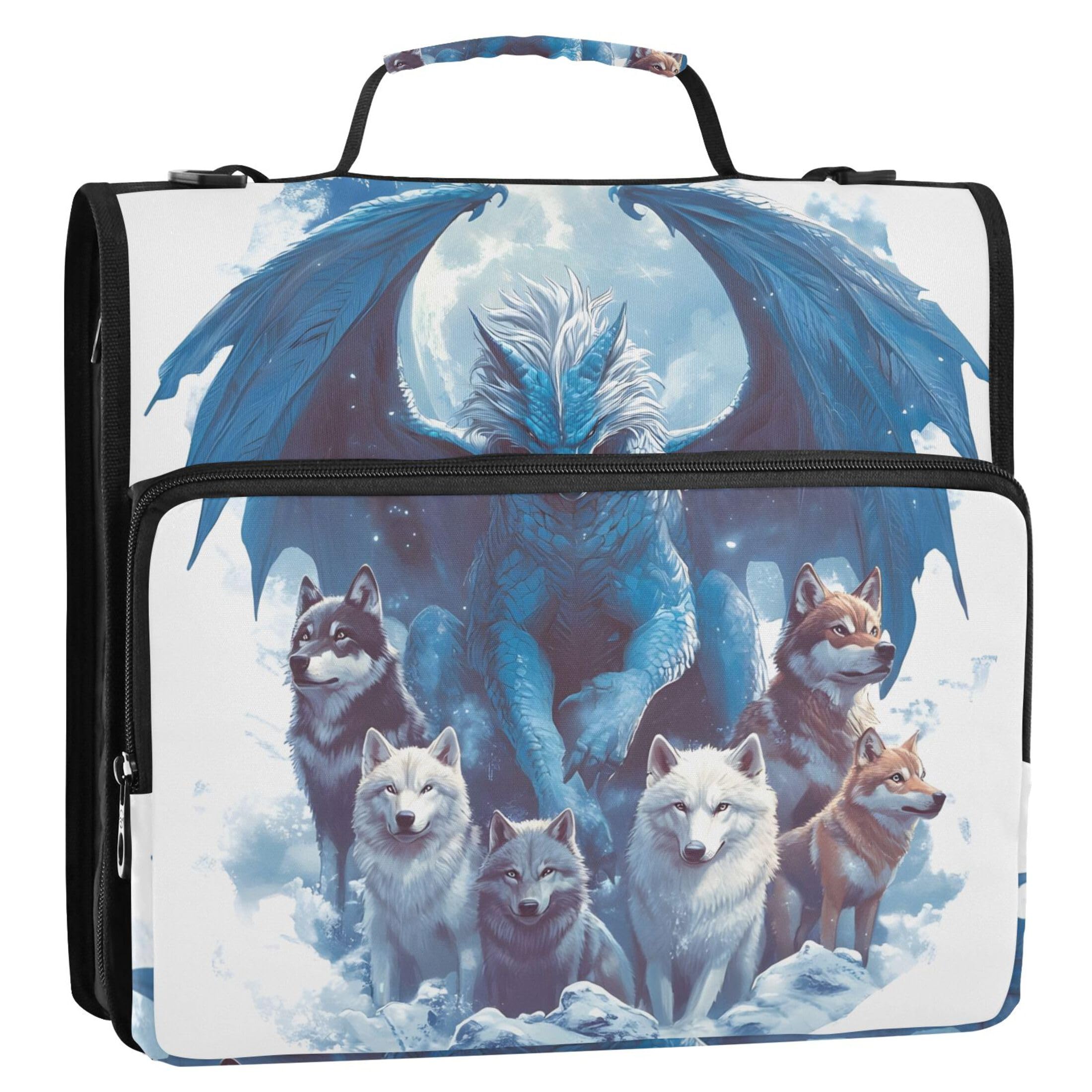 Dragon Wolf Animal Print Zippered Binder Organizer 1.5 Inch Binders 3 Ring Heavy Duty Binder with Shoulder Strap for School Multi Pockets Large Portfolio Folder