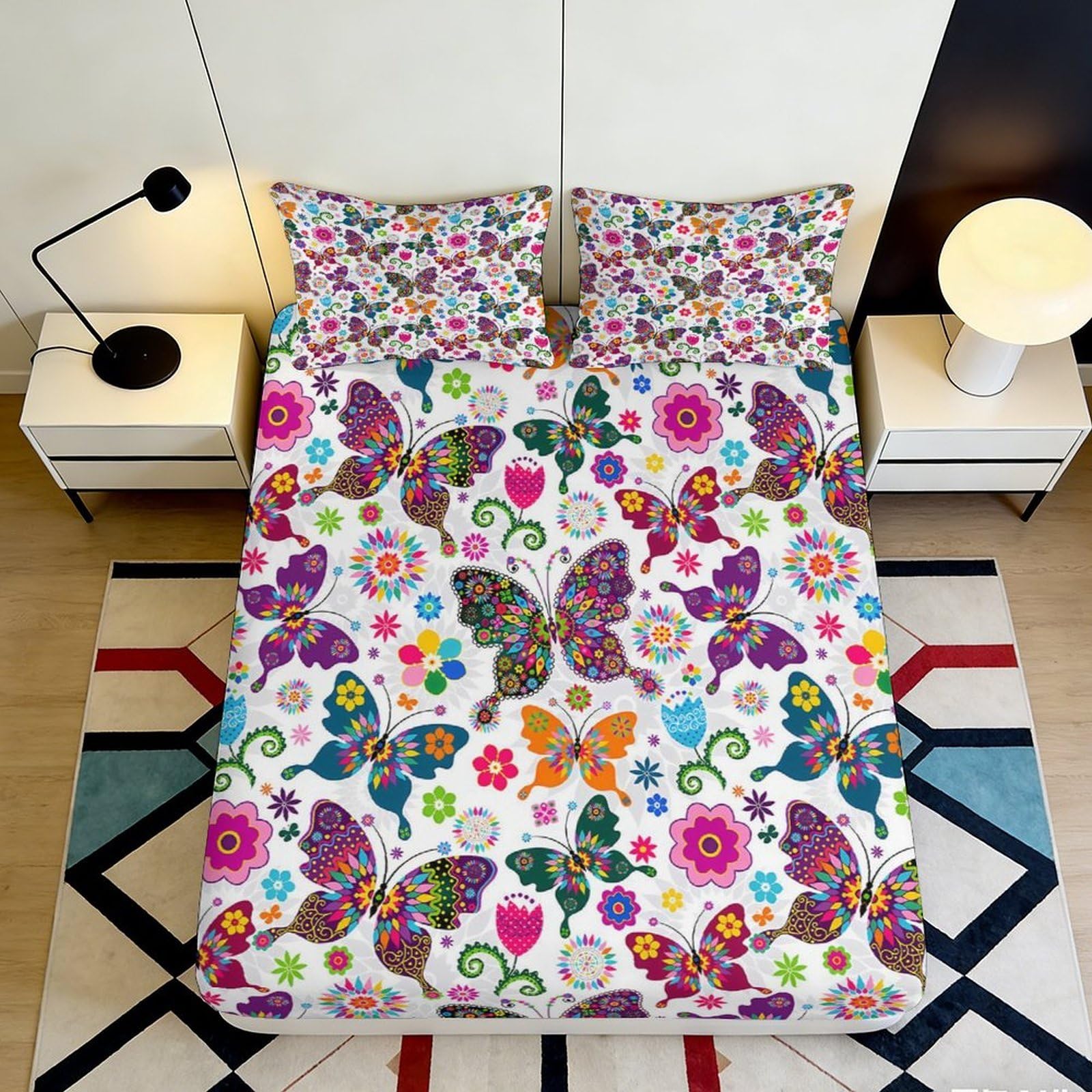 3D Printed Butterfly Floral Fitted Sheet Microfiber Soft Colorful Mattress Cover for Bedroom Dorm Mattress Protection Decor 140x200x25cm