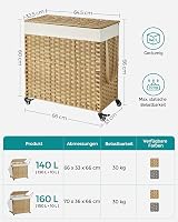 SONGMICS 140L 3 rekeszes szennyesgyűjtő kosár fedéllel, kerekekkel és kivehető zsákkal - 140 L (66 x 33 x 66 cm), 2-Natural 6