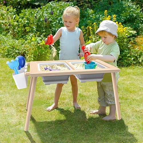 Miniatura 2 de KNOIER Mesa sensorial para niños pequeños de 1 a 3 años, mesa de arena de juego para niños pequeños con tapa y 2 contenedores de almacenamiento y 3