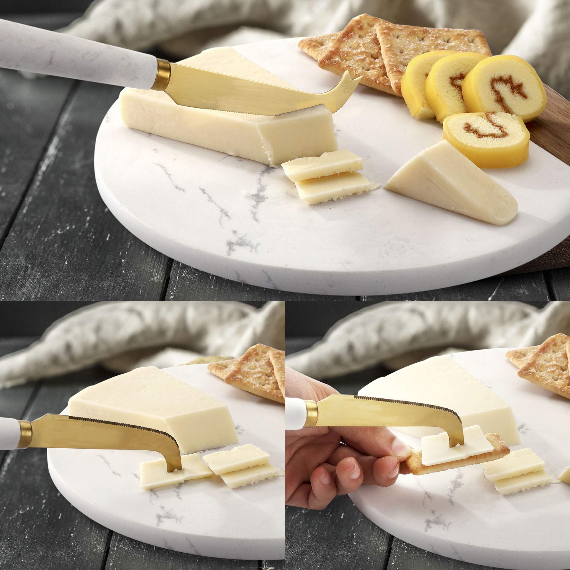 VUDECO White Marble and Acacia Wooden Cheese Board & Knife Set Marble