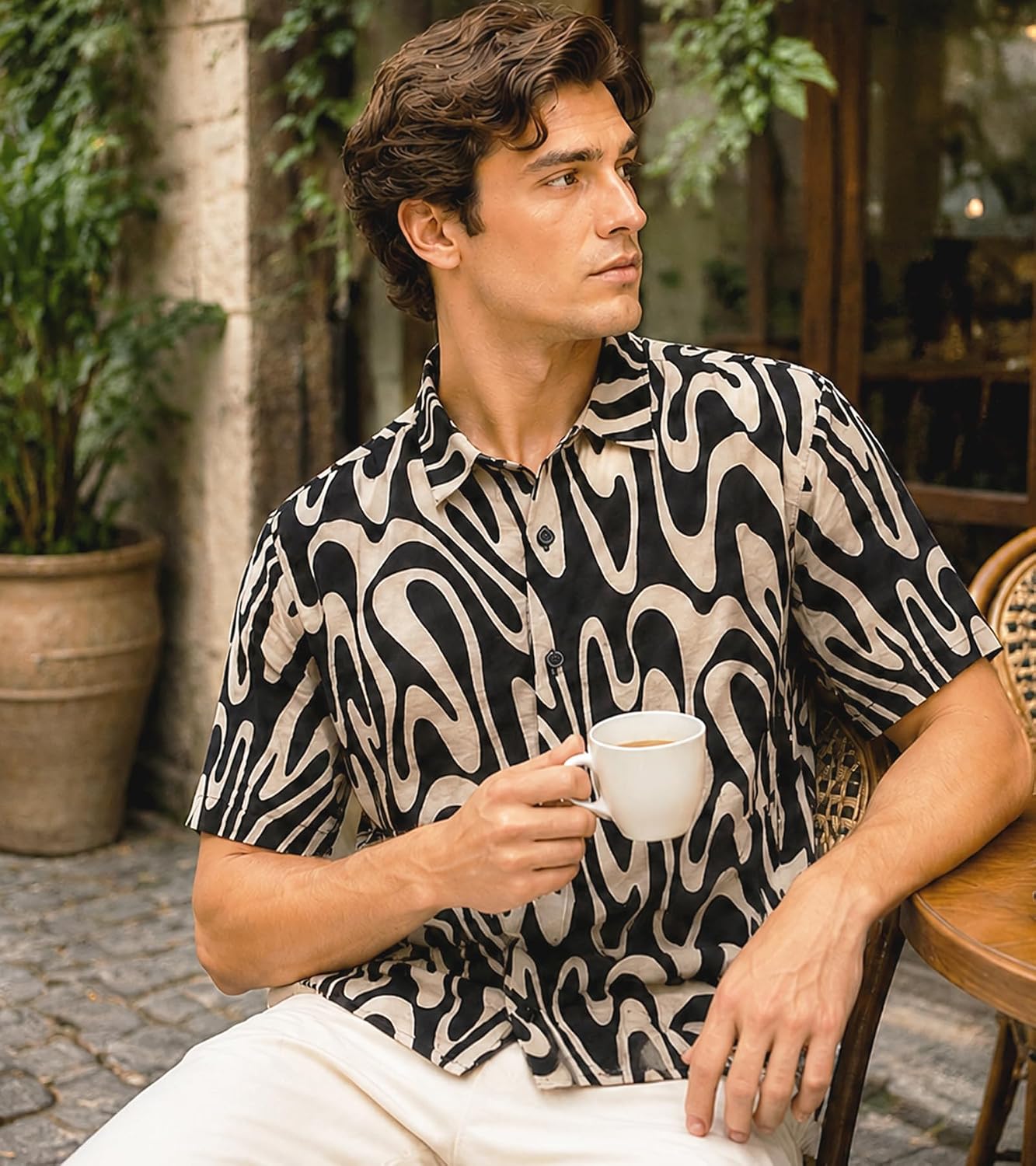 BOGARI Mens Hawaiian Camp Shirts Woven Vintage Flora Print Short Sleeve Button Down Shirt Tropical Cuba Shirts for Beach