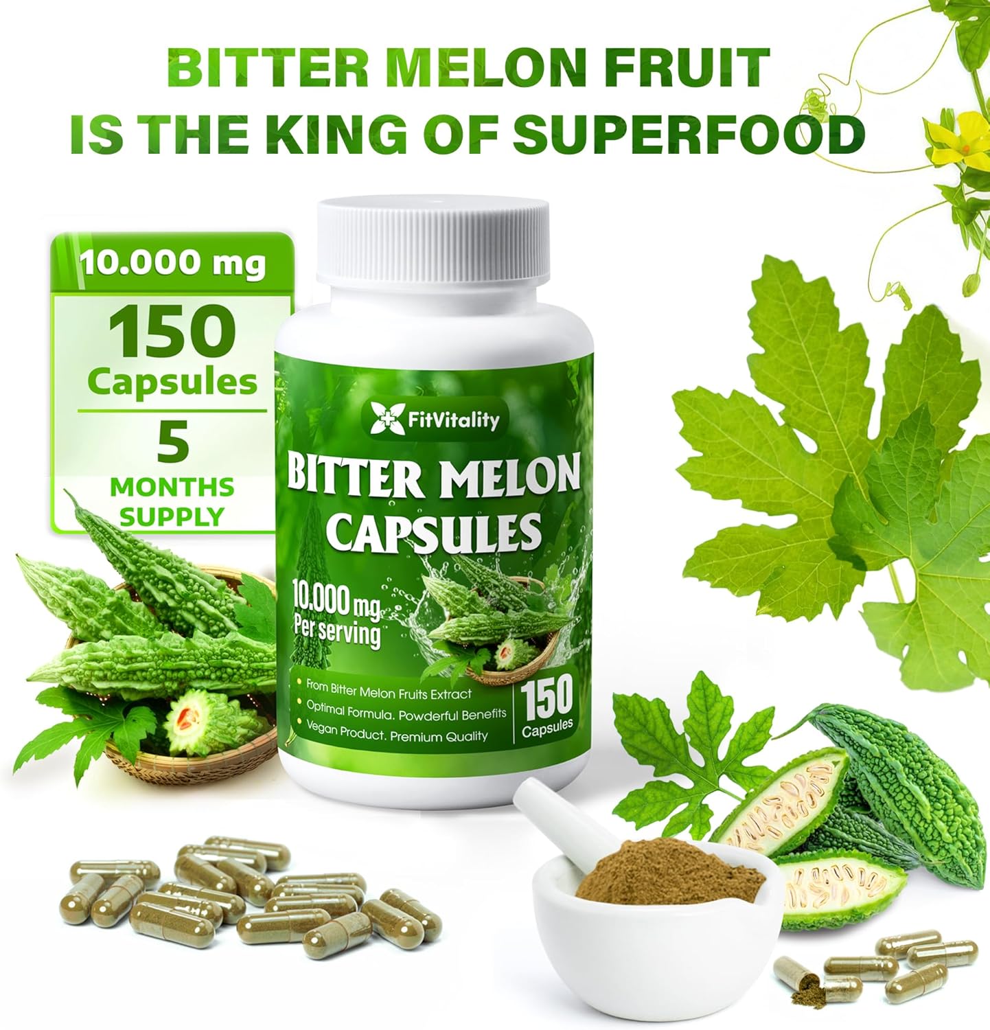 Bitter Melon Capsules| 150 Vegan Capsules| 150 Days Supply| 9,000mg per Serving| Bitter Melon Fruit 25:1 Extract| 100% Pure & Natural| Gluten-Free Supplement| Ultimate Concentrated - Image 7