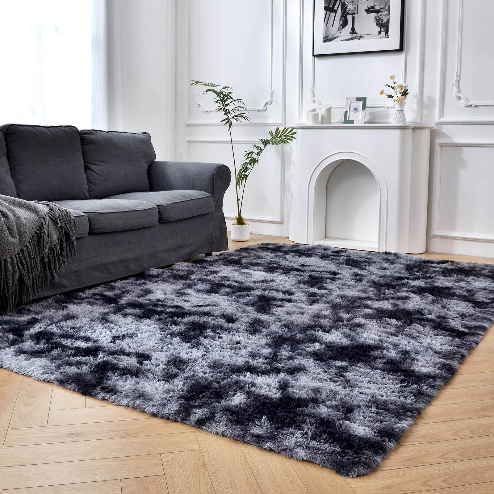 Temedara 5x7 Area Rugs for Bedroom,Shag Fuzzy Soft Carpet,Dark Gray Plush Shaggy Bedside Rug,Indoor Non-Slip Shag Living Room Rug for Kids Boys College Dorm Home Decor Tie-Dyed Dark Grey