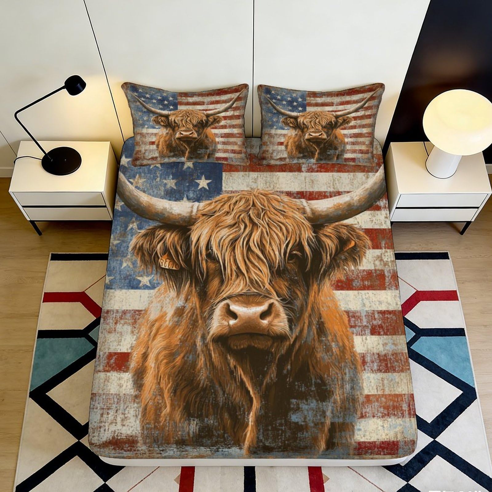 3D Printed Highland Cow American Flag Fitted Sheet Microfiber Anti-Slip Mattress Cover for Bedroom Dorm Decorative 160x200x25cm