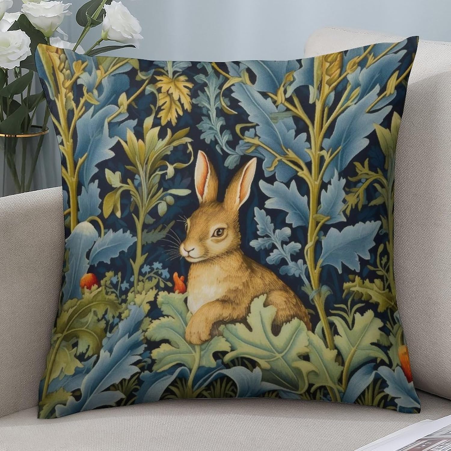 Pillow Covers Set of 4 William Morris Forest Rabbit Throw Pillow Cushion Cover 18x18 Inch Art Nouveau Rabbit in The Garden Chair Decorative Pillow Covers for Car Indoor Square Boho Housewarming Gifts