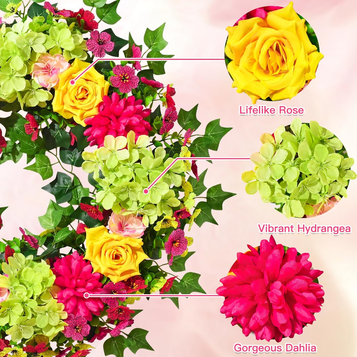 MARTINE MALL Spring Wreaths for Front Door 24 Inch Large Spring Summer Door Wreath Vibrant Colorful Hydrangea Rose Wreaths Artificial Flower Wreath for Indoor Outdoor Wall Farmhouse Porch Window Decor