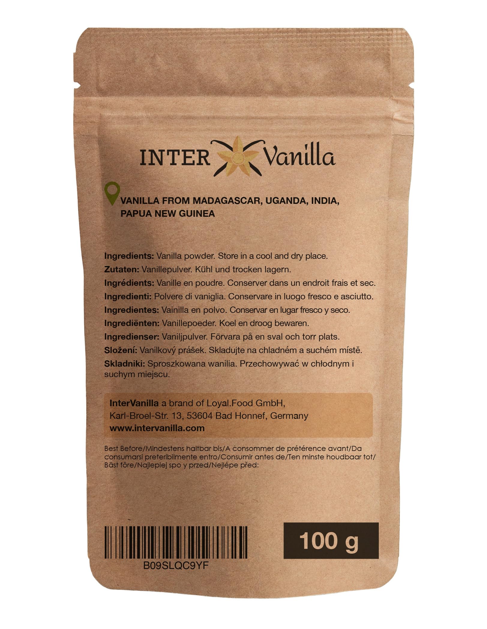 InterVanilla Natur Vanille gemahlen VANILLEPULVER, 100g aus 100% echten Premium Vanilleschoten. Vanilla bean powder. Ohne Zusätze, ohne Zucker