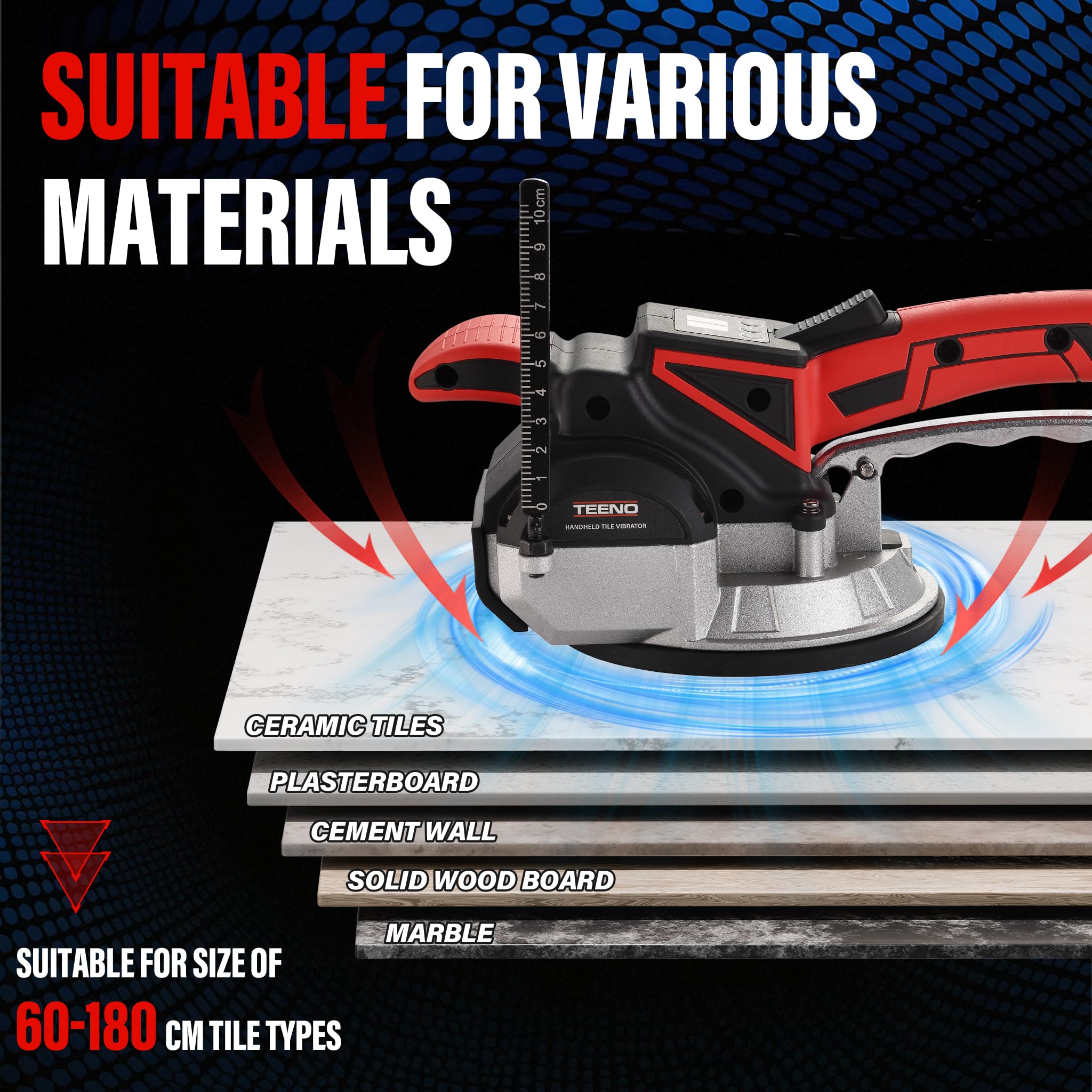TEENO 2 en 1 Ventouse Vibrante Carrelage Sans Fil,Ventouse Carrelage Electrique avec 2x2Ah Batteries,9 Vitesses,500 kg Aspiration,12000RPM Vibration,145mm Ventouse+Échelle+Râteau,pour Carreaux & Verre