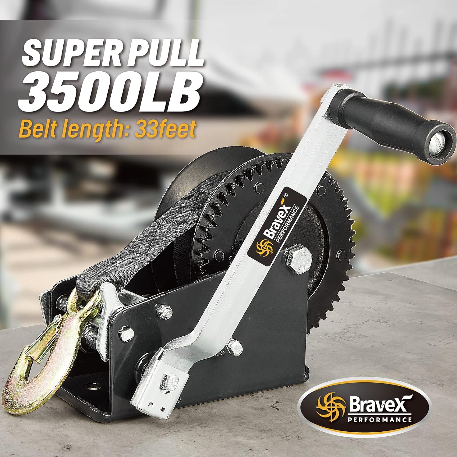 Bravex Boat Trailer Winch 3500lbs with 33ft Strap, Heavy Duty Hook Portable Hand Winch, Two Way Ratchet Manual Winch for SUV ATV UTV for 4:1/8:1 Gear Crank Winch (3500lb with Cable Black Winch)