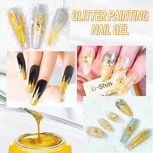 Miniatura 2 de U-Shinein Esmalte de gel metálico con purpurina de 0.3 fl oz, gel de pintura metálica dorada brillante para uñas, gel de dibujo de gel con purpurina