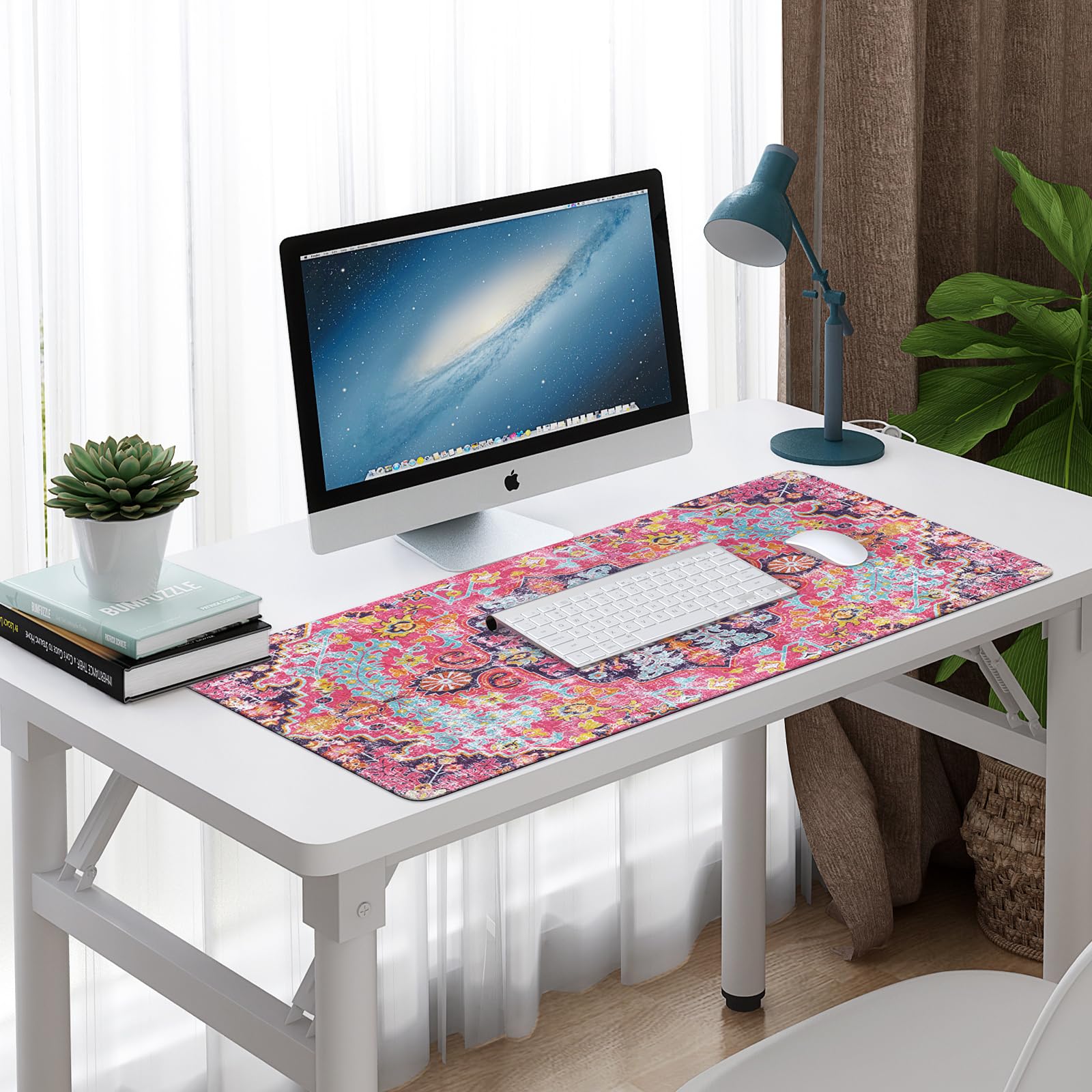 iLeadon Alfombrilla grande para mouse de escritorio estilo bohemio, con superficie lisa de licra, base de goma con bordes cosidos, alfombrilla de teclado para oficina, hogar (floral bohemio)