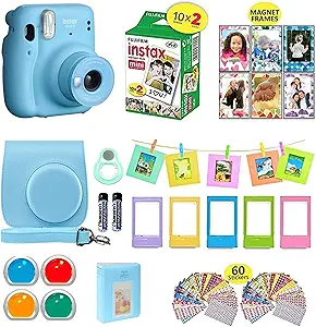 Fujifilm Instax Mini 11 Instant Camera Sky Blue + Shutter Compatible Carrying Case + Fuji Film Value Pack (20 Sheets) + Shutter Accessories Bundle, Color Filters, Photo Album, Assorted Frames