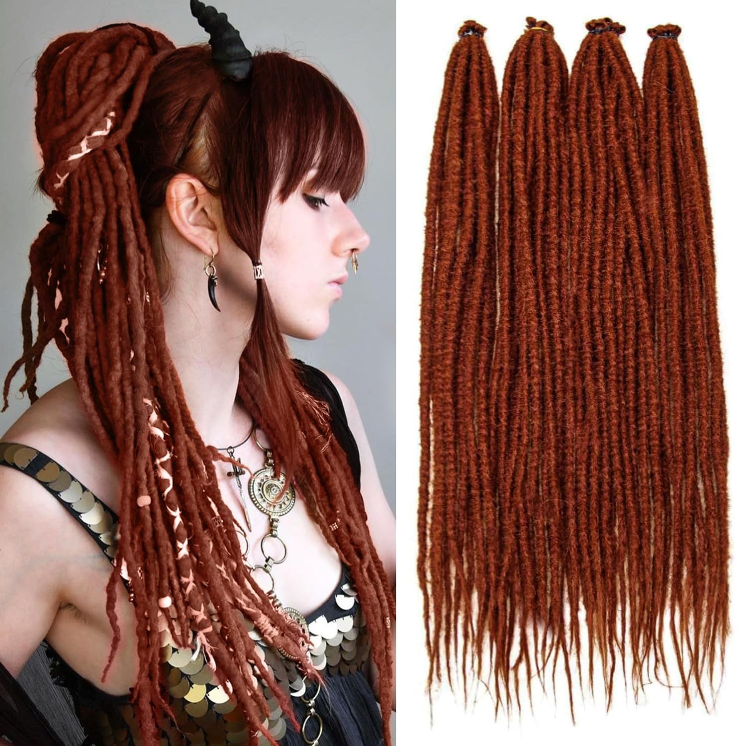 PORSMEER 20 Strands/Pack Copper Red Synthetic Dreadlocks Extensions,Handmade Hippie Dreadlock 0.6 Width Soft Dreads Hair Reggae Style Locs Crochet Braiding Hair for Women or Mens,18 inch