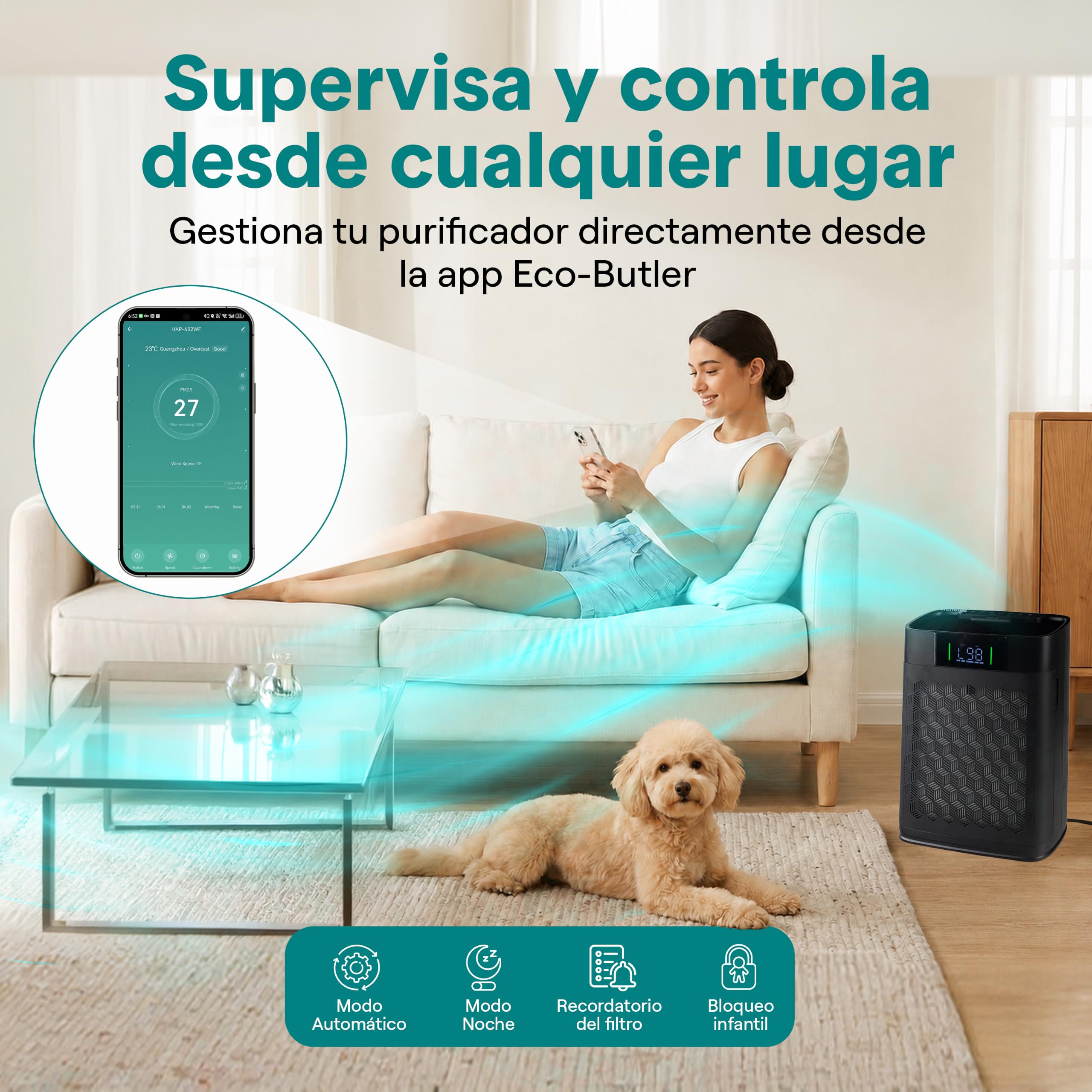 SereneLife purificador de aire HEPA para el hogar, Control Inteligente por WiFi y app, Ultra silencioso, Elimina polvo, Pelo de mascotas y olores, Cubre hasta 100 m²