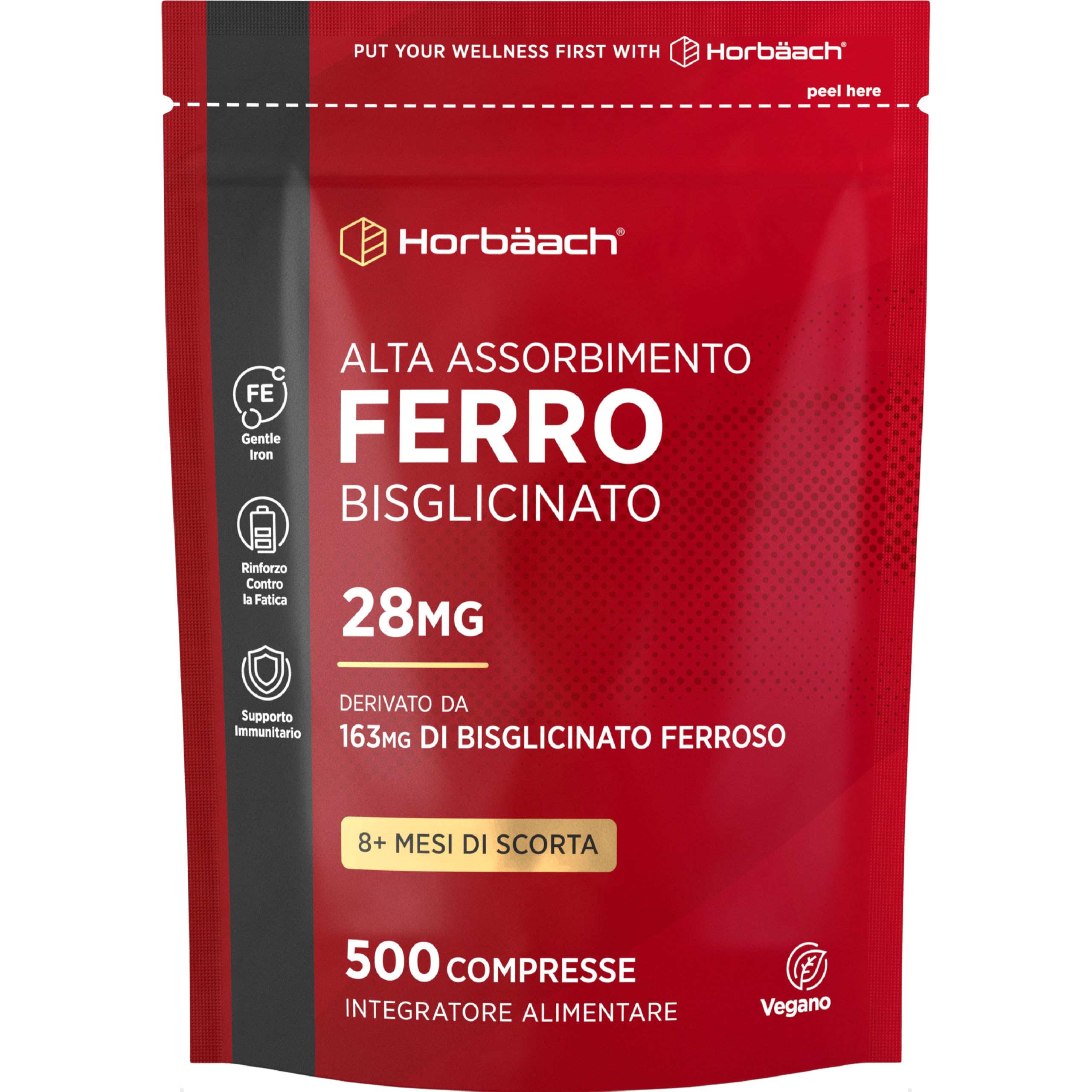 Ferro Integratore Forte 28 mg | 500 Compresse Vegane | Ferro Bisglicinato | Supporto Energetico | Gentle Iron Supplement | di Horbaach