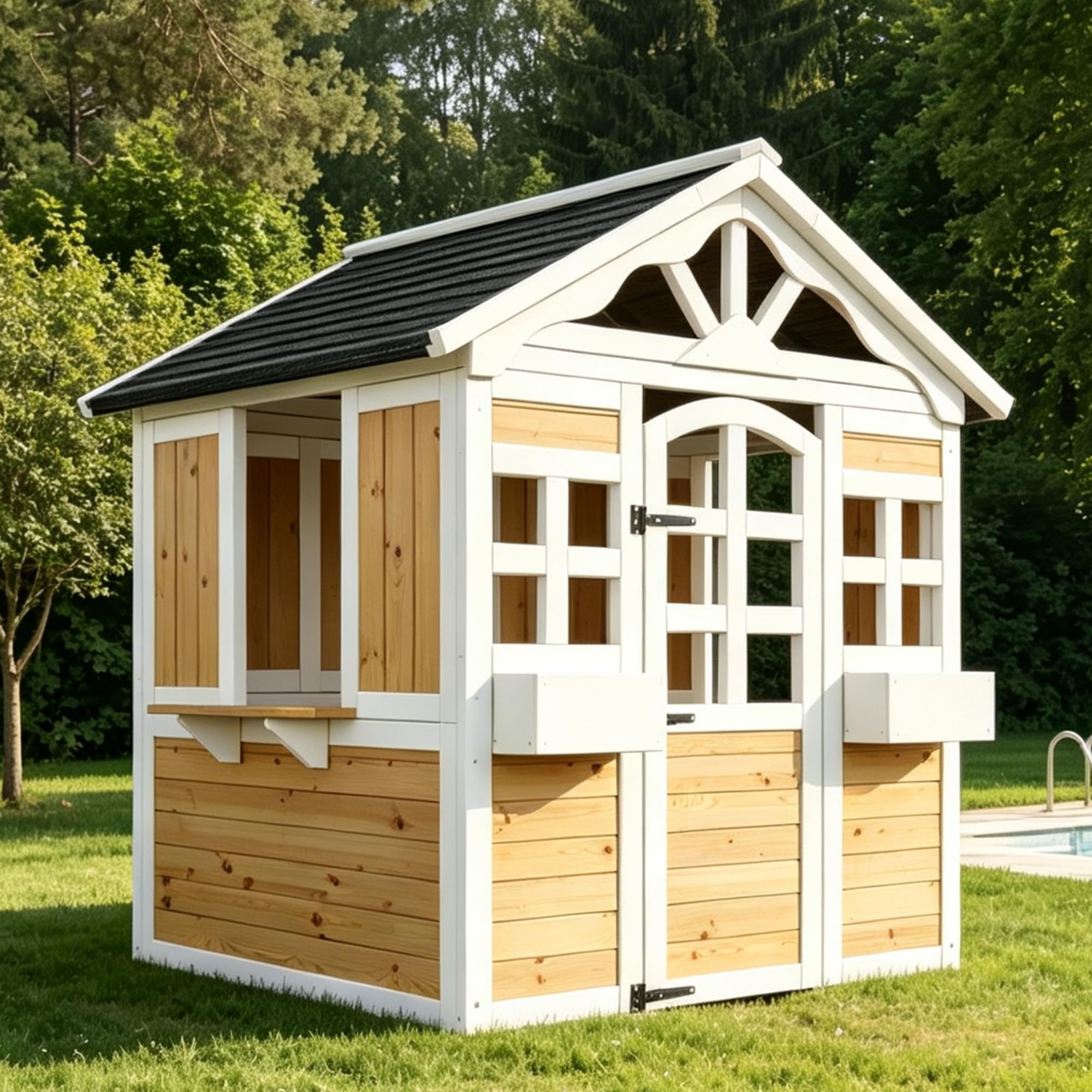 Garten Kinderspielhaus, Spielhaus Kinder Outdoor, Baumhaus Kinder Outdoor,Kinder-Holzhaus mit Türen und Fenstern, Massivholz-Kinderspielhaus für Außen, wetterfestes Außen-Spielhaus, 113 x 100 x 132 cm