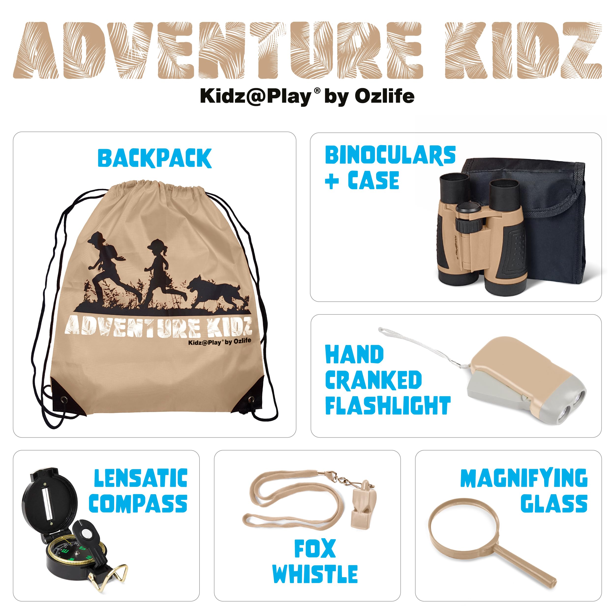 Adventure Kidz Outdoor Exploration Kit, Children’s Binoculars, Flashlight, Compass, Fox Whistle, Magnifying Glass - Image 2