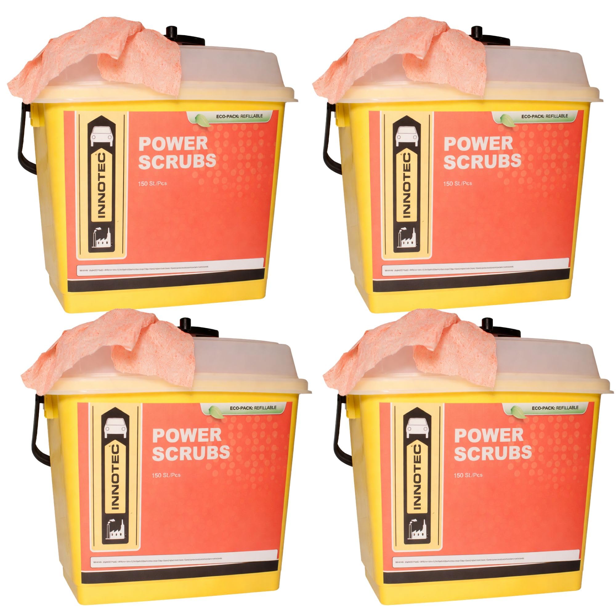 4 Stück INNOTEC Power Scrubs Box mit 150 Stück – leistungsstarke Reinigungstücher für verschmutzte Hände & Oberflächen – entfernen Fett, Farbe, Kleber, Ruß – ideal für Werkstatt, Industrie & Handwerk