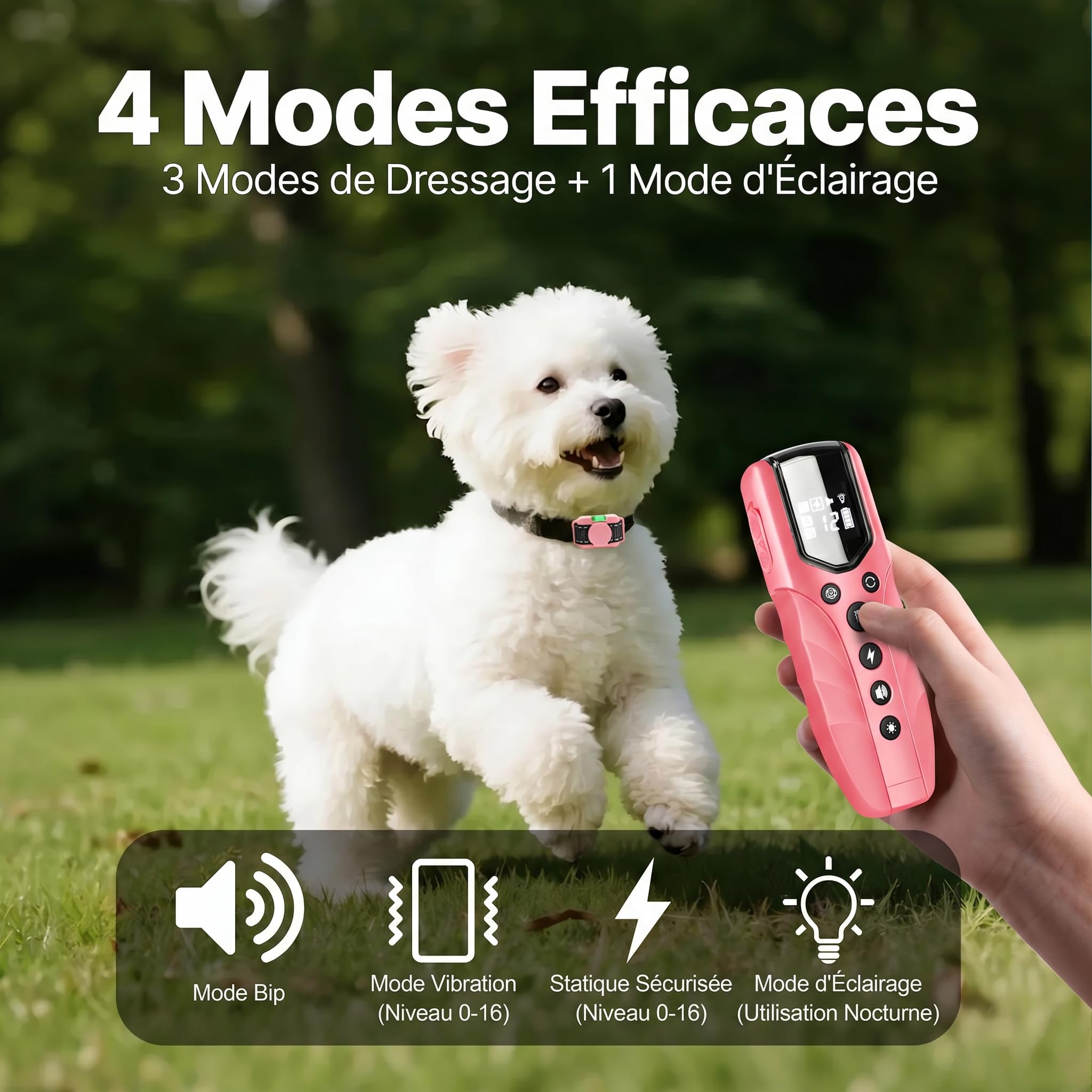 Collier de Dressage Chien avec Télécommande 2000 ft, Collier Électrique pour Chien Ultra Léger, Bip, Vibration, Collier Anti Aboiement Électrostatique, LED, Étanche, Rechargeable, Rose