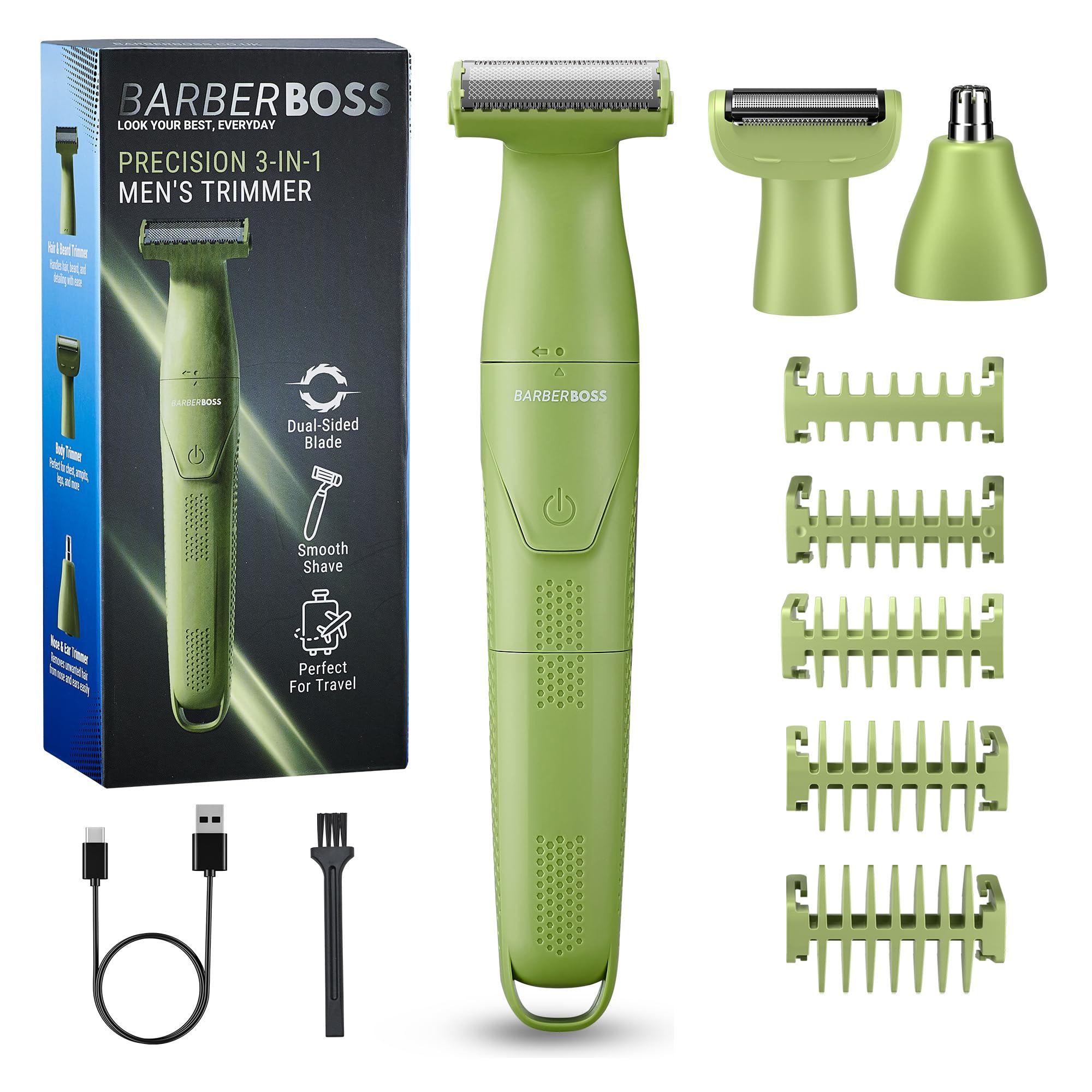 BarberBoss Recortador de detalles para hombre, afeitadora inalámbrica 3 en 1 para hombres, barba, peluquería corporal, recortadora de nariz y orejas, afeitadora inalámbrica con carga USB, QR-2302