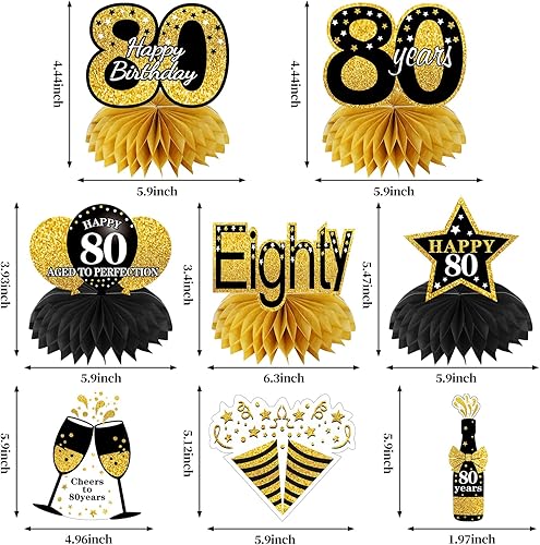 Miniatura 3 de Kit de 36 decoraciones de cumpleaños número 80 para hombres y mujeres, globos de feliz cumpleaños de 80 años, globos de panal de abeja, suministros