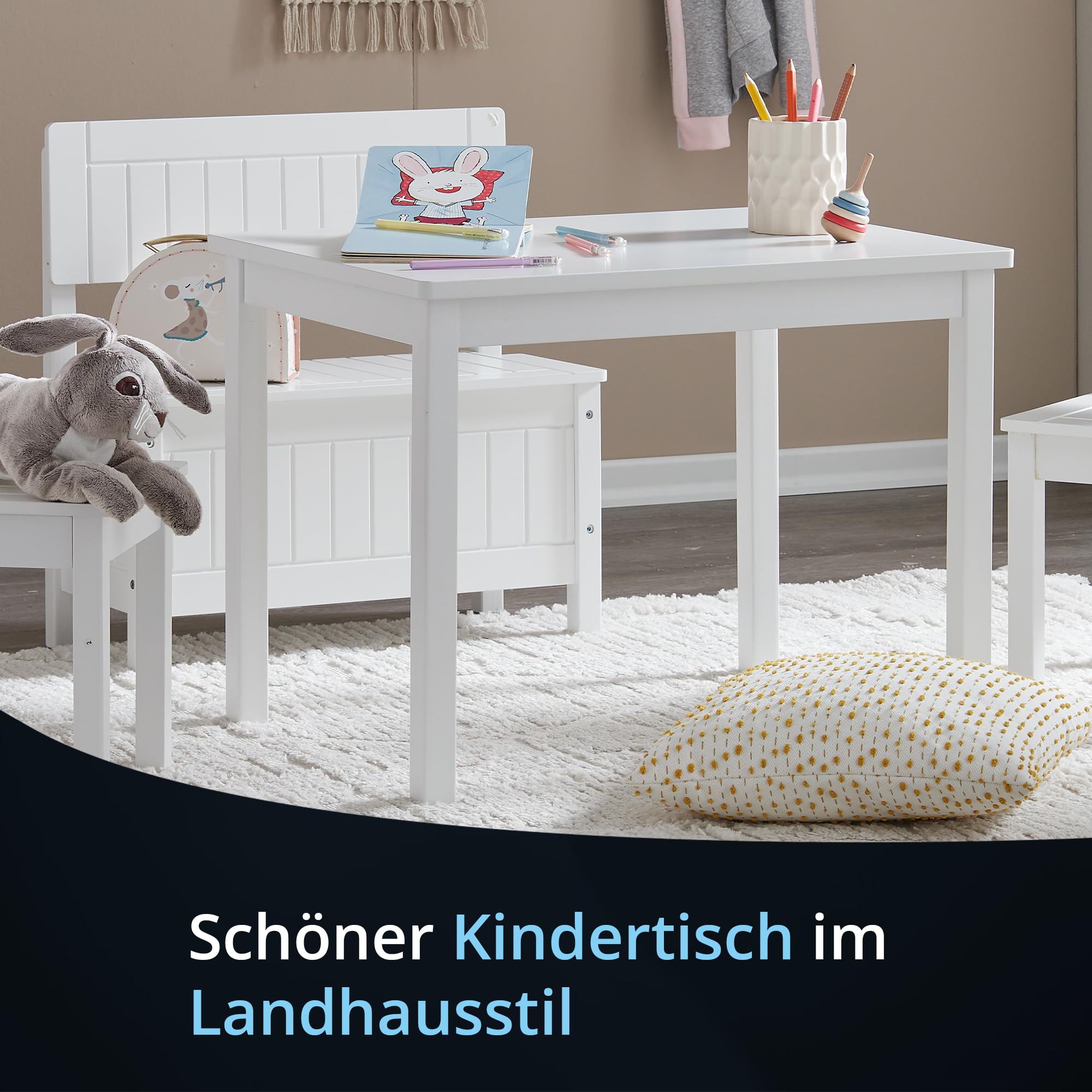 KHG Kindertisch Massivholz lackiert weiß Landhaus für Kinderzimmer, 4-Fußgestell, Pflegeleichte Oberfläche, robust, kindgerechte Höhe 66 x 51 x 50 cm