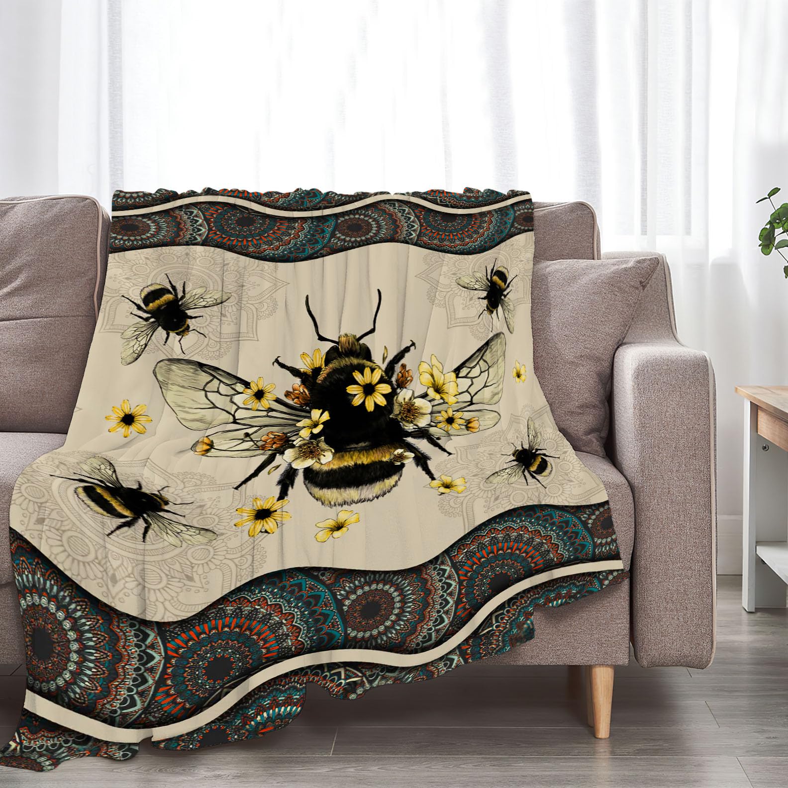 Manta con diseño de abejas y girasoles, súper cálida, suave, ligera, forro polar, franela, bohemio, para invierno, regalos para niñas, niños, bebés, mujeres, sofá, ropa de cama, 50 x 60 pulgadas