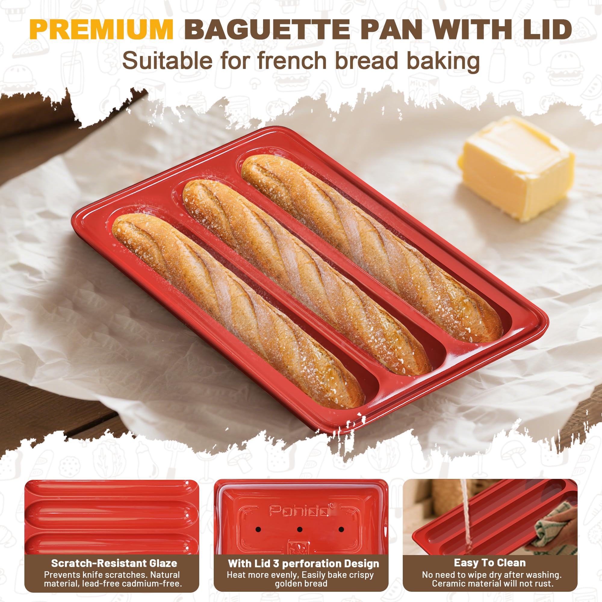 Baguette-Brotpfanne, Premium-Antihaft-Brotbackform, 3 Brote, Baguette-Pfanne mit Deckel, gleichmäßige Erwärmung für Sauerteig, italienisches Brot, perfekt für die Erzeugung knackiger, goldbrauner