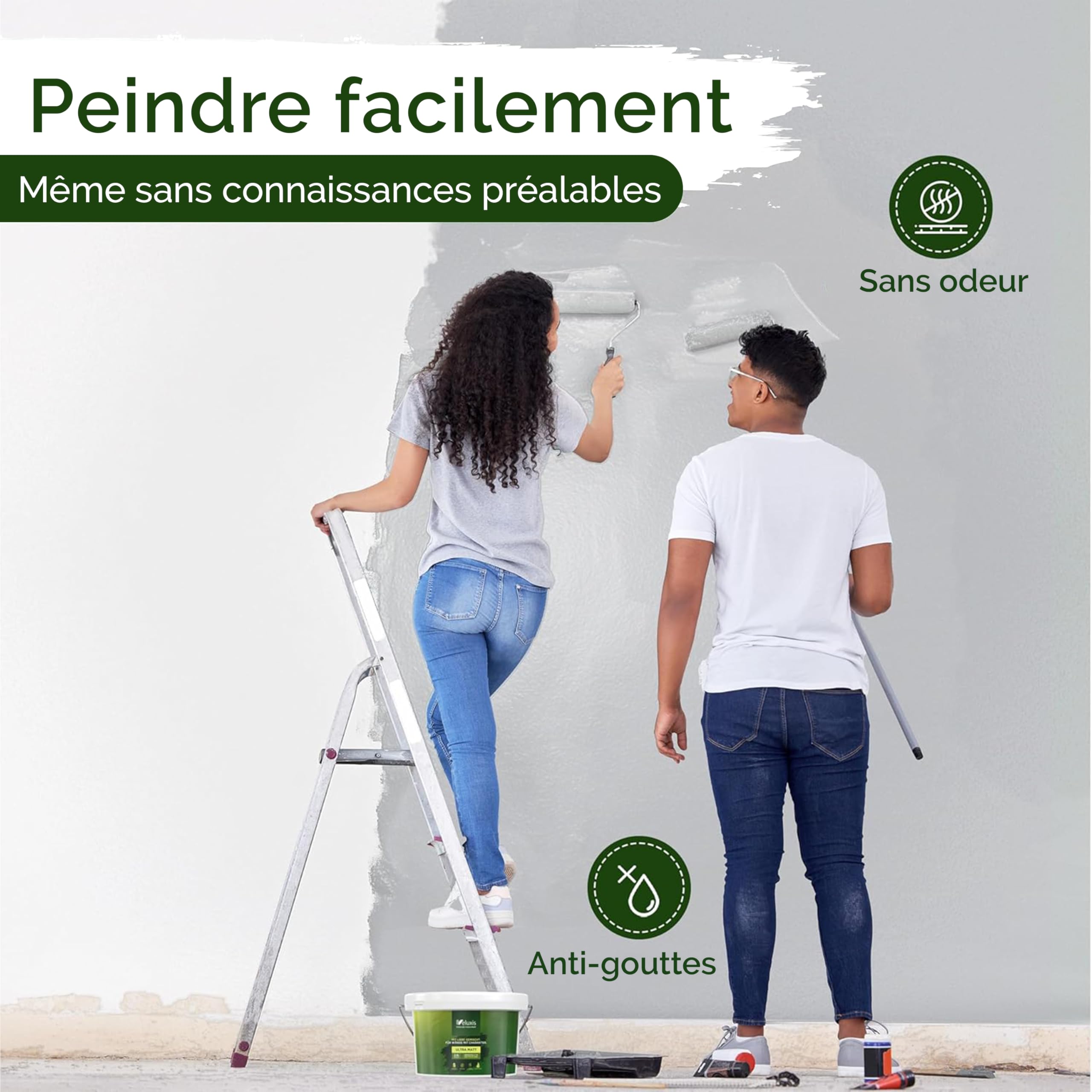 Peinture murale grise pour intérieur – 5 litres & classe de pouvoir couvrant 1, sans traces, peu de gouttes & peinture écologique, sans COV – (Shady Spice)
