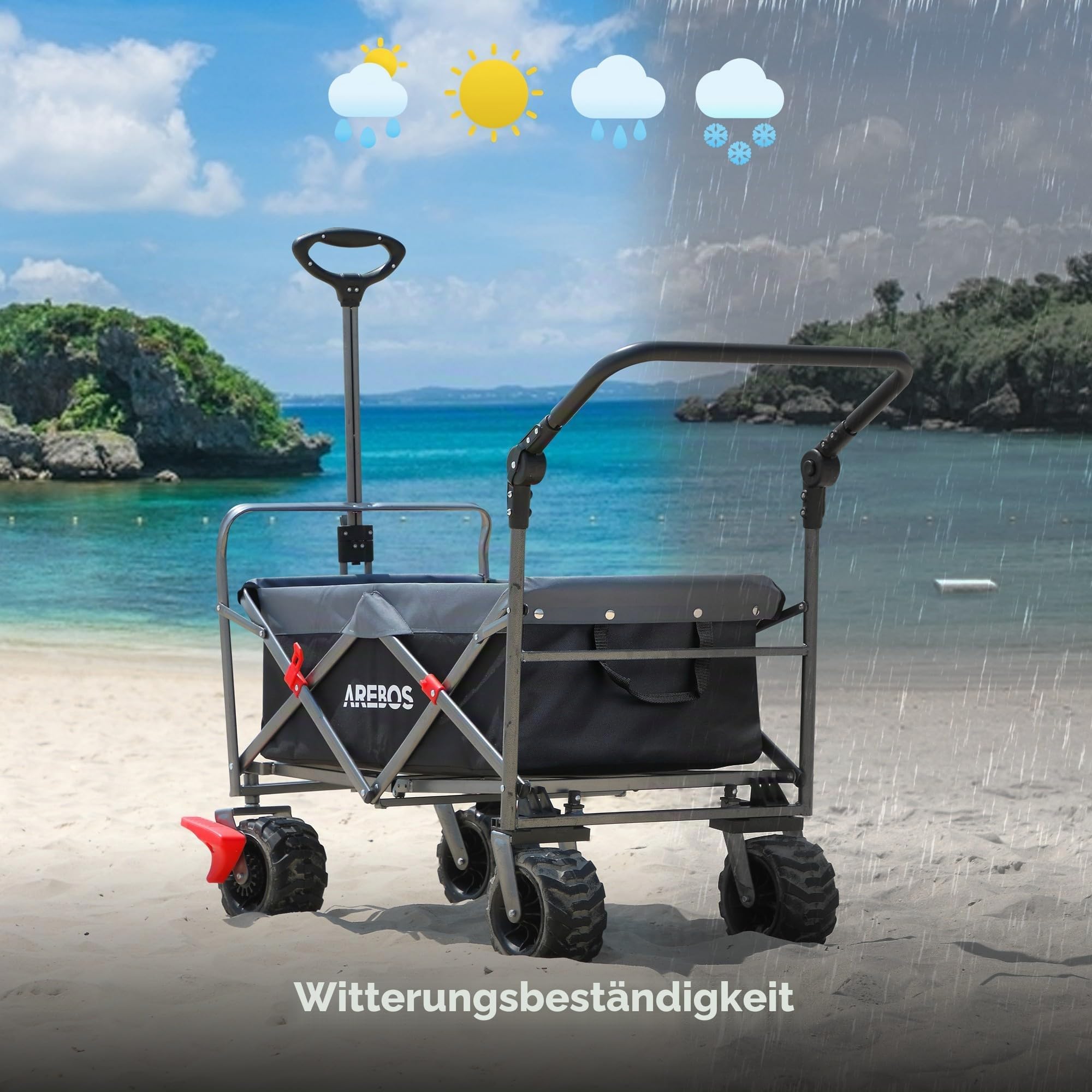 Arebos Bollerwagen faltbar | Transportkarre | Gerätewagen | Handwagen | Faltwagen | inkl. 2 Netztaschen | mit Vorderrad-Bremsen & Teleskopstange | klappbar | bis 100 kg Tragkraft | Grau