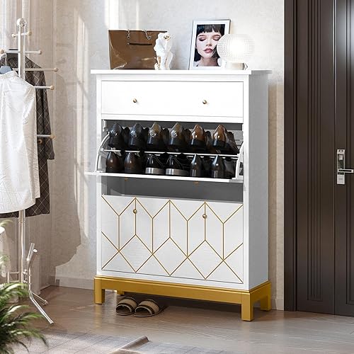 HLR Gabinete oculto para zapatos que ahorra espacio con 2 puertas abatibles, 1 cajón, armario de almacenamiento de zapatos de entrada, armario