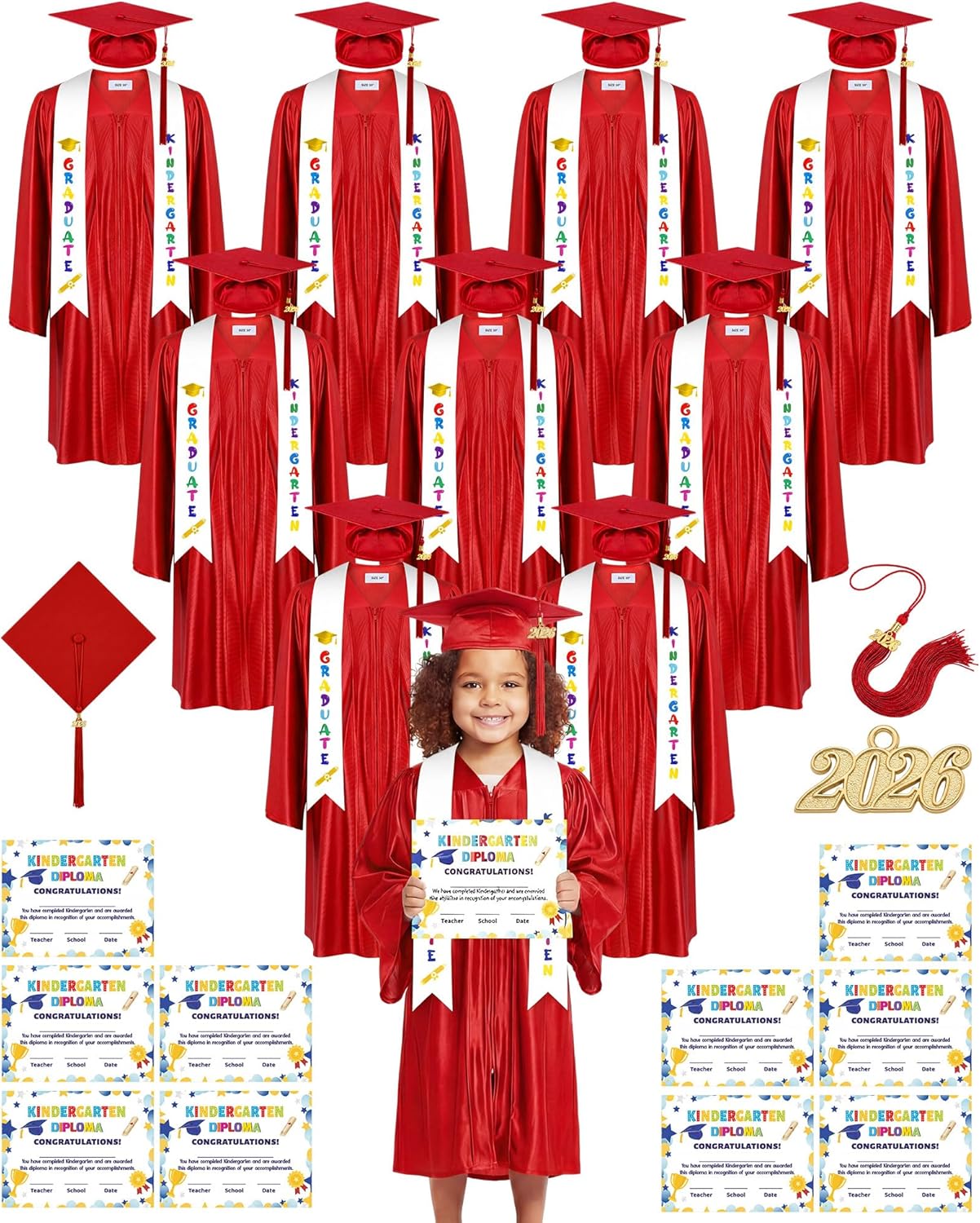 Xuhal 10 Set Kindergarten Graduation Cap and Gown Set Grad Gowns with 2026 Tassel Stole and Certificate for Kids