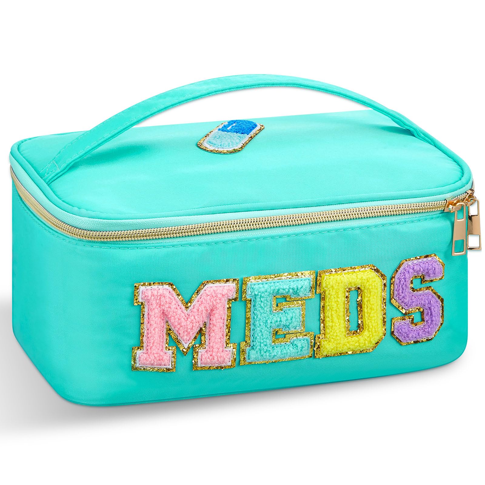 Geetery Clear Makeup Bag Chenille Letter Meds Bag Travel Cases Preppy Patch with Zipper, Portable Cosmetic Toiletry Storage case for Women(Meds,Green)