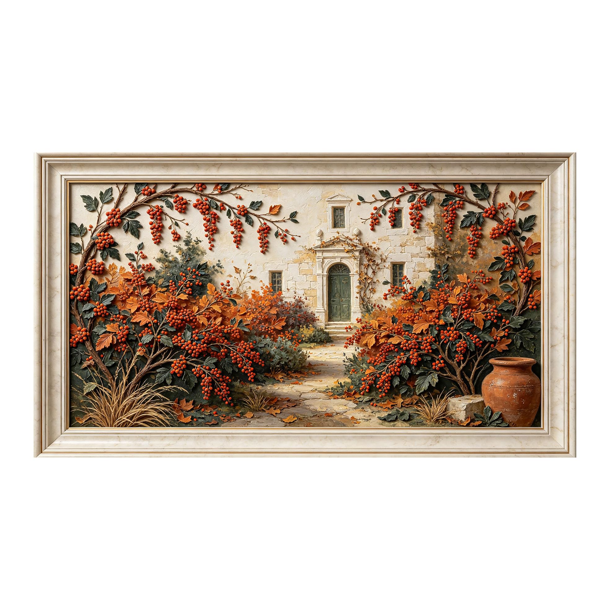 Murasolite 3D Framed Wall Art Mediterranean Courtyard Autumn Botanical Relief Oil Painting SelfAdhesive Fabric Mural Wall Decor,No Damage to Wall,AntiFall Safe Design for Bedroom Living Room