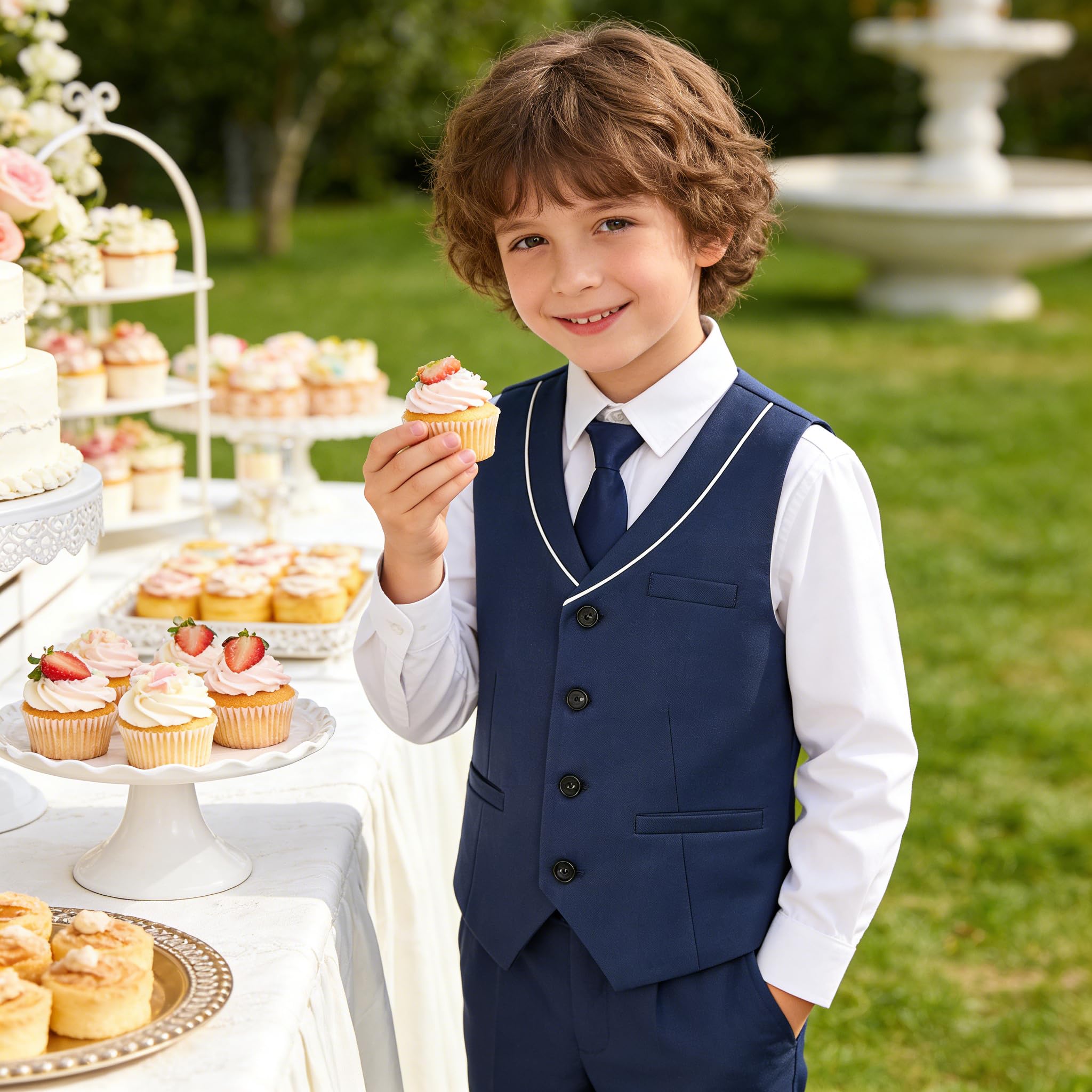 LOLANTA Completo 4 Pezzi Elegante per Bambino, Gilet e Pantalone con Camicia e Papillon, Abito da Cerimonia per Matrimonio e Battesimo 2-14 Anni