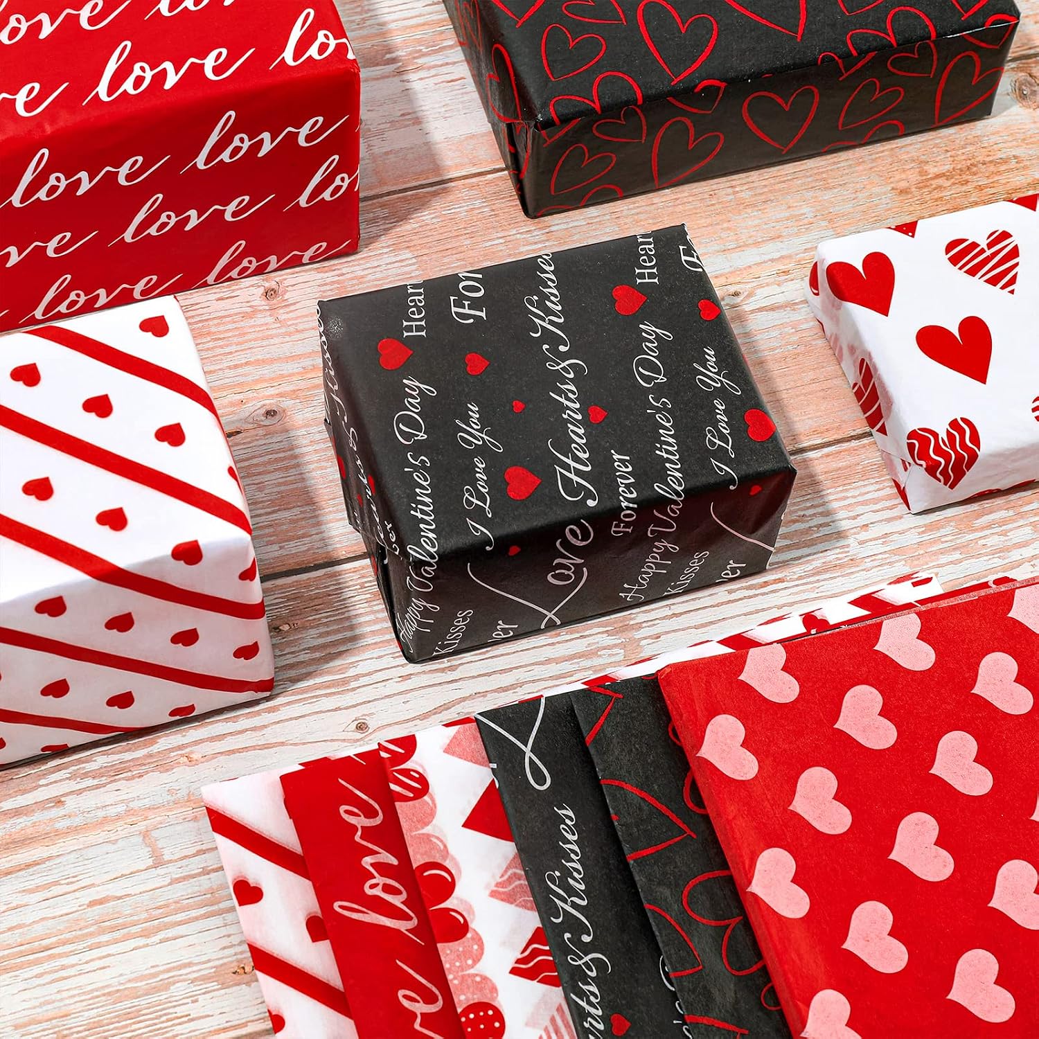 Whaline 90Pcs Valentine's Day Tissue Paper Red Black Gift Wrapping Paper Heart Love Pattern Art Tissue Papers for DIY Craft Birthday Valentine's Day Wedding Holiday Decoration, 14 x 20 Inch