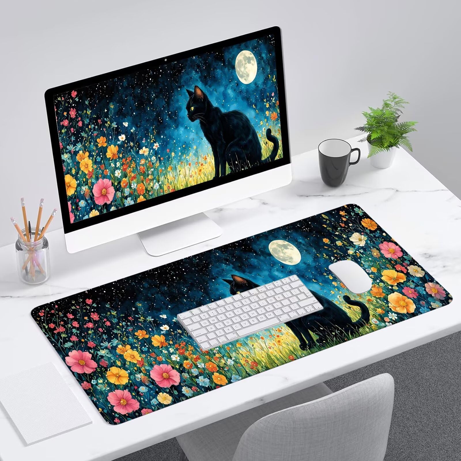 Blu Tappetino Mouse Gaming, Tappetino Mouse XXL 1200 x 500 mm, Tappetino Mouse Gatto, Mouse Pad con Base Antiscivolo, Bordi Cuciti Tappetino per Mouse, Tappetino Mouse Gaming di Alta Precisione S-271