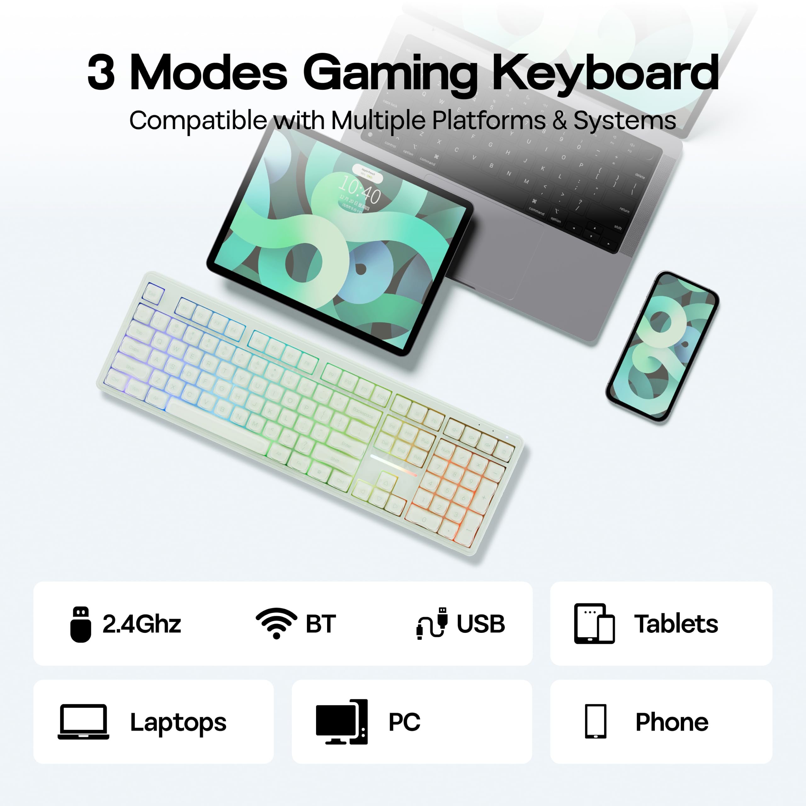 MechLands M108 tastiera full size 100% con tastierino, membrana morbida, wireless 3 modalità, batteria 5000mAh, tasti PBT, RGB, rollover 26 tasti. Compatibile Win/Mac, per gaming e ufficio (Verde)